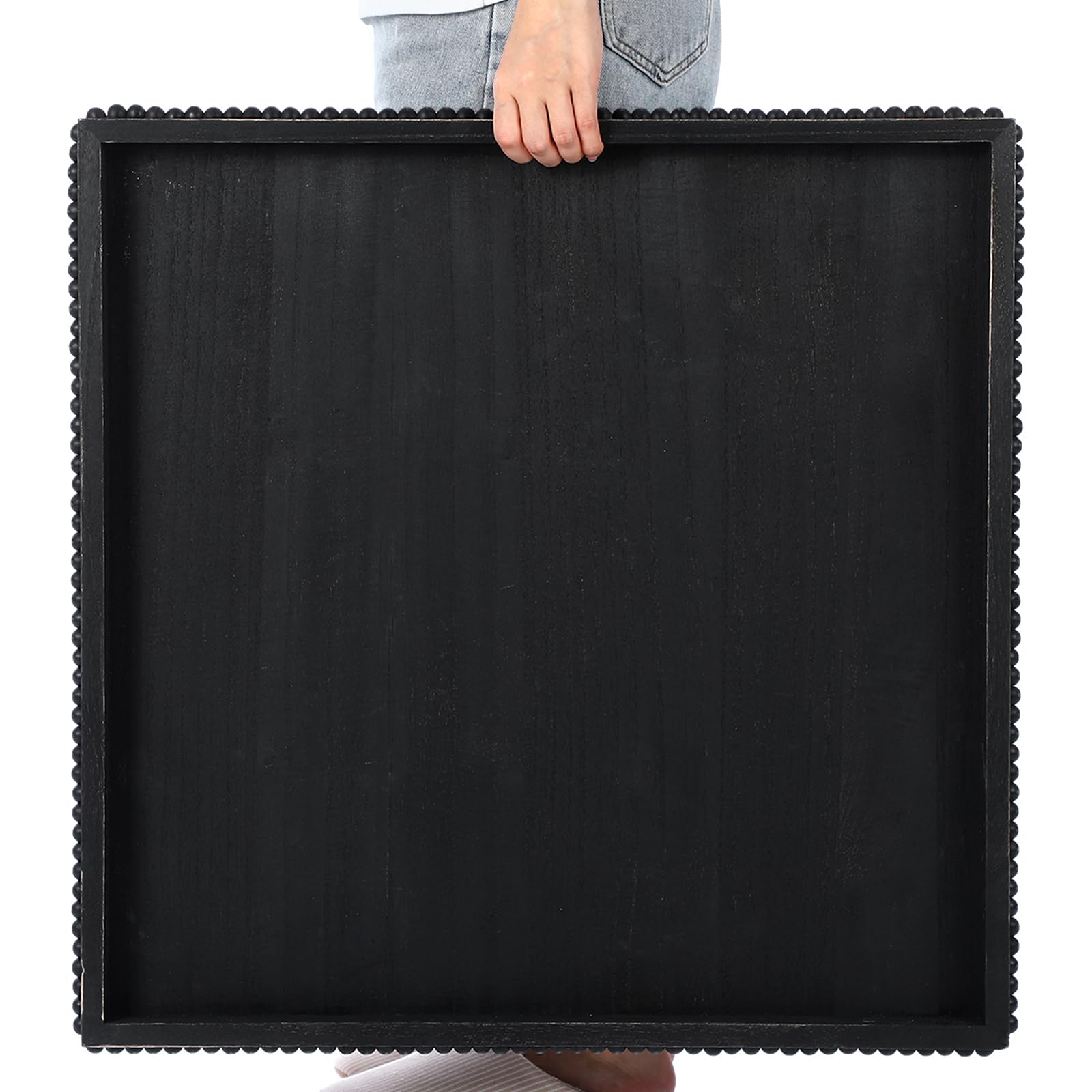 Nuogo Extra Large Square Ottoman Table Tray with Wooden Bead 24 x 24 Inch Washed Wooden Serving Tray Multifunction Decorative Square Ottoman for Coffee Table Platter Room Kitchen Counter (Black)