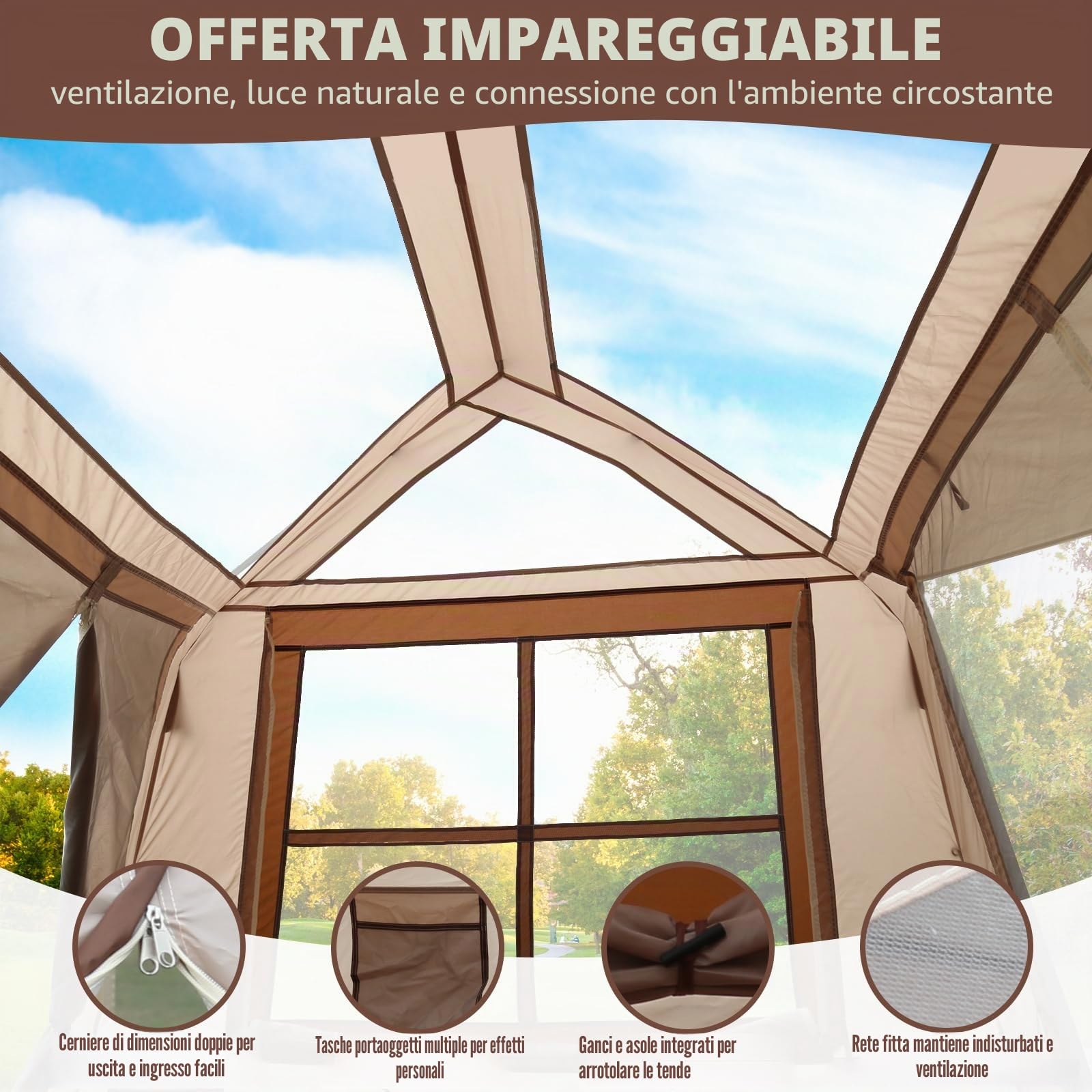 Chihee Tende da campeggio Tenda indipendente, Tenda per famiglia con veranda 2 porte 3 finestre a rete Facile installazione immediata,Telaio ultra resistente Altezza fino a 170 cm Ottima vista