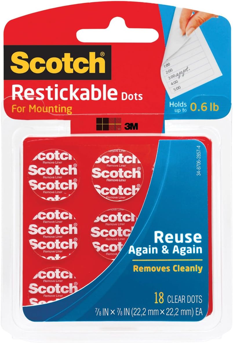Scotch Restickable Dots, 7/8-in, 18 Count, Clear Double-Sided Mounting Pre-Cut Dots, Remove Cleanly, Mount Objects on Stainless Steel, Plastic & More, Photo-Safe Adhesive, Mess-Free Application (R105)