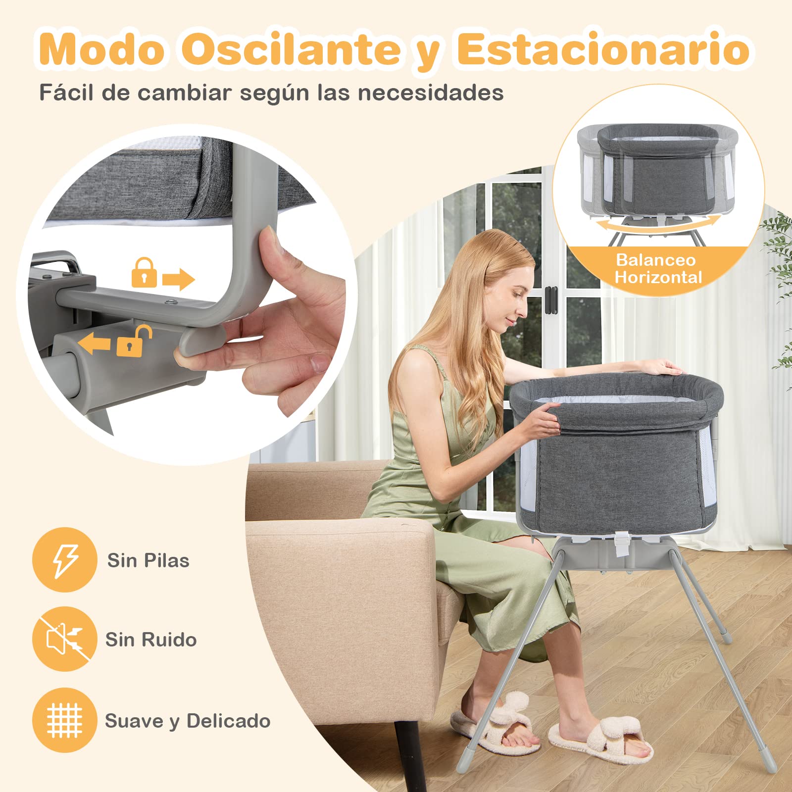 COSTWAY Cuna para Bebé Plegable, Cama de Viaje Mecedora Manual para Bebés, Cuna Portátil Plegable con Colchón y Bolsa de Transporte, Cama Cuna para Recién Nacidos