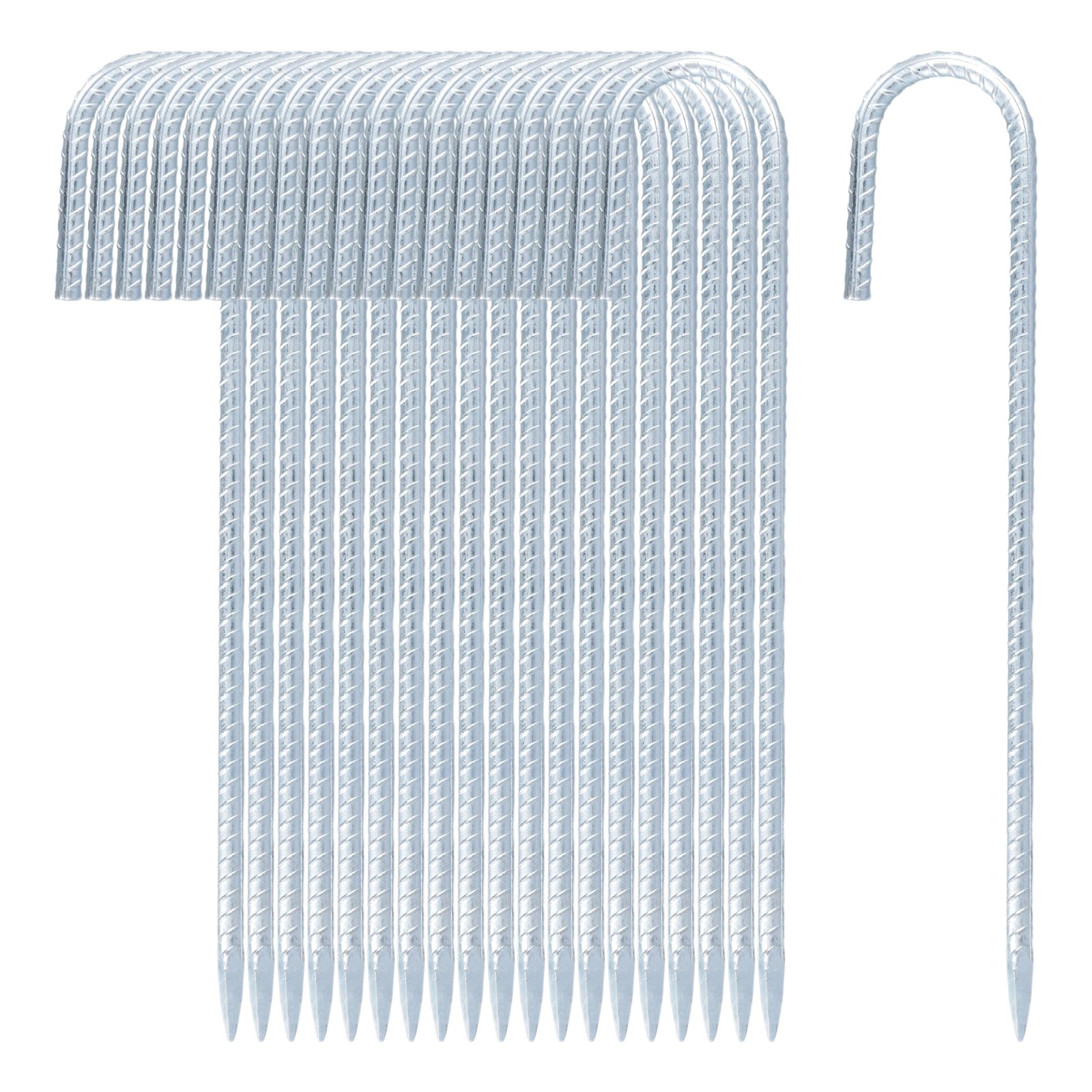 SOUJAP 20 PCS 12 Inch Steel Heavy Duty Tent Pegs, 30cm J Hooks Anchors, 300mm Metal Ground Rebar Stakes for Camping Tents, Awning, Gazebo, Beach, Silver