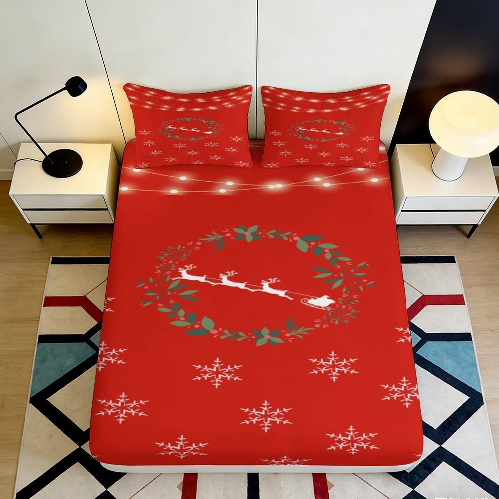 3D Printed Christmas Fitted Sheet Microfiber Deep Pocket Non-Slip Full Wrap Xmas Mattress Fitted Cover Washable 140x200x25cm