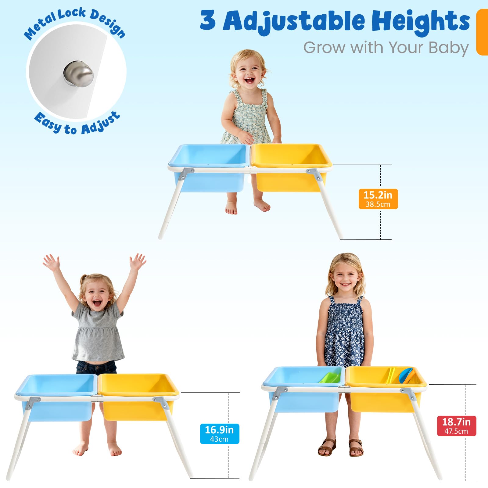 FUNLIO Table de Sable et d’Eau Pliante pour 3-6 Ans, Table Sensorielle pour Tout-Petits Réglable en Hauteur avec Housse Anti-Poussière, 2 Boîtes de Rangement & Accessoires de Plage, Portable