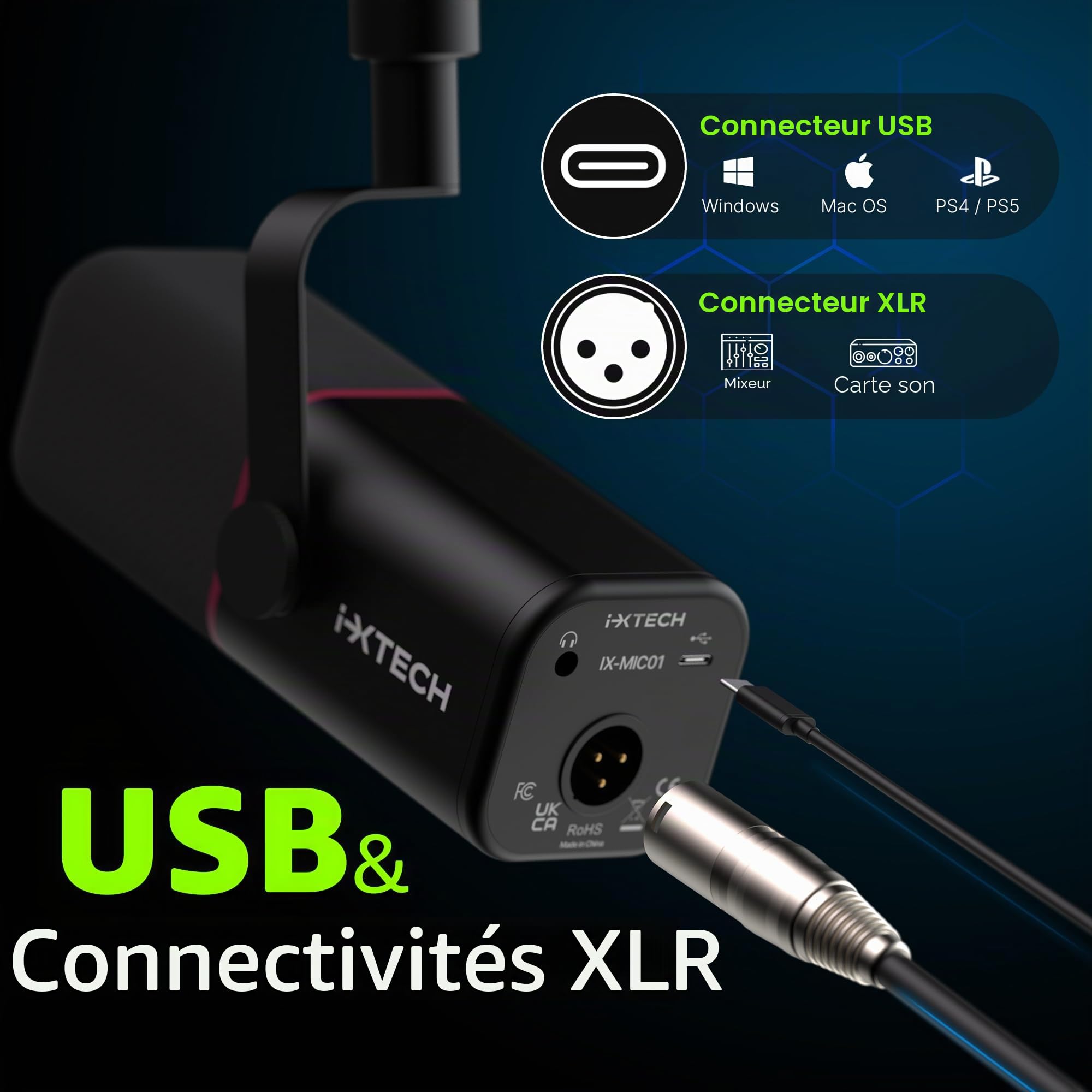 IXTECH Microphone Dynamique cardioïde avec Cache-Micro, Microphone Vocal USB XLR pour podcasting, Streaming, Enregistrement, Jeux et Voix Off (Noir)