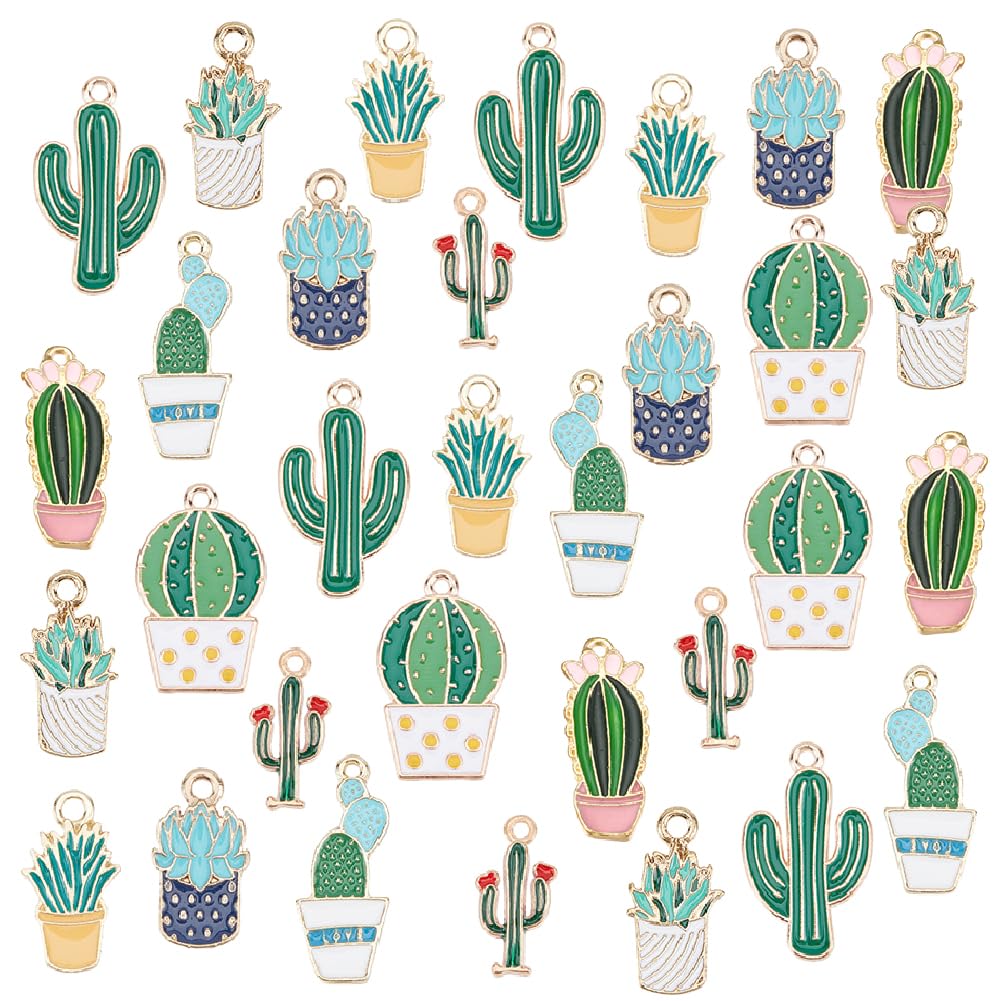 PH PandaHall 48pcs 8 Styles Cactus Charms, Tropical Pendant Succulent Plant Enamel Dangle Charms Beads for Earrings, Necklace, Bracelet DIY Jewelry Making