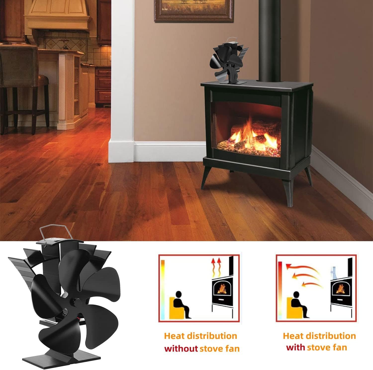 Lot de 2 ventilateurs de poêle à bois, 5 pales, ventilateur à bois, ventilateur de cheminée silencieux et économique, accessoires de brûleur à bois, pour poêle à bois