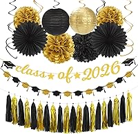 Vista 1 de Black Gold Graduation Party-Decorations Garland - 36pcs Congrats Grad Class 2026 Banner,Hat Hanging Streamers,College High School Congratulations