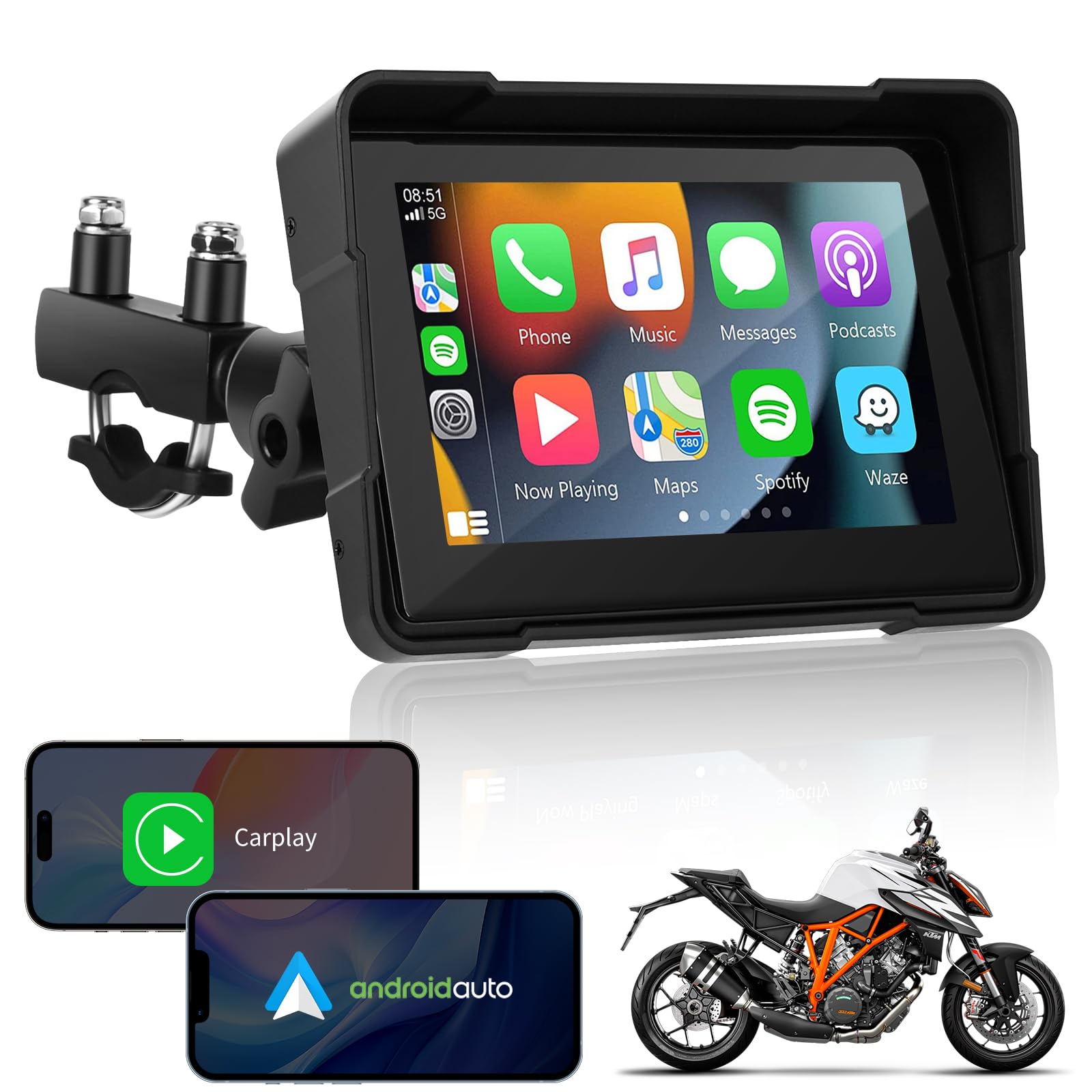 GuKKK Carpuride Pantalla CarPlay GPS para Motocicleta de 5 Pulgadas, CarPlay inalámbrico y Android Auto para Motocicletas, IP67 a Prueba de Agua,Admite Bluetooth Dual TF64, Navegación GPS Moto