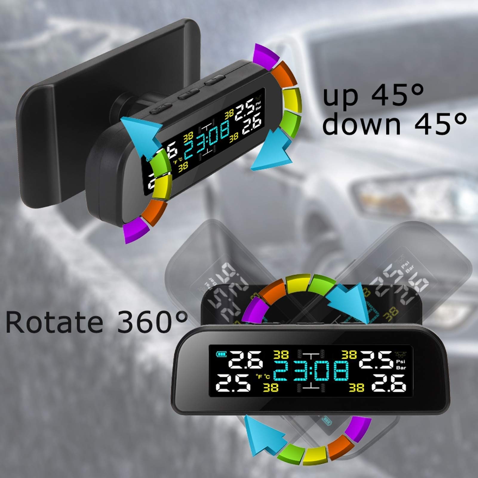 Sistemas de monitoreo de presión de neumáticos Pantalla LCD de Carga Solar TPMS para automóvil con Reloj con Sensor Externo diseñado