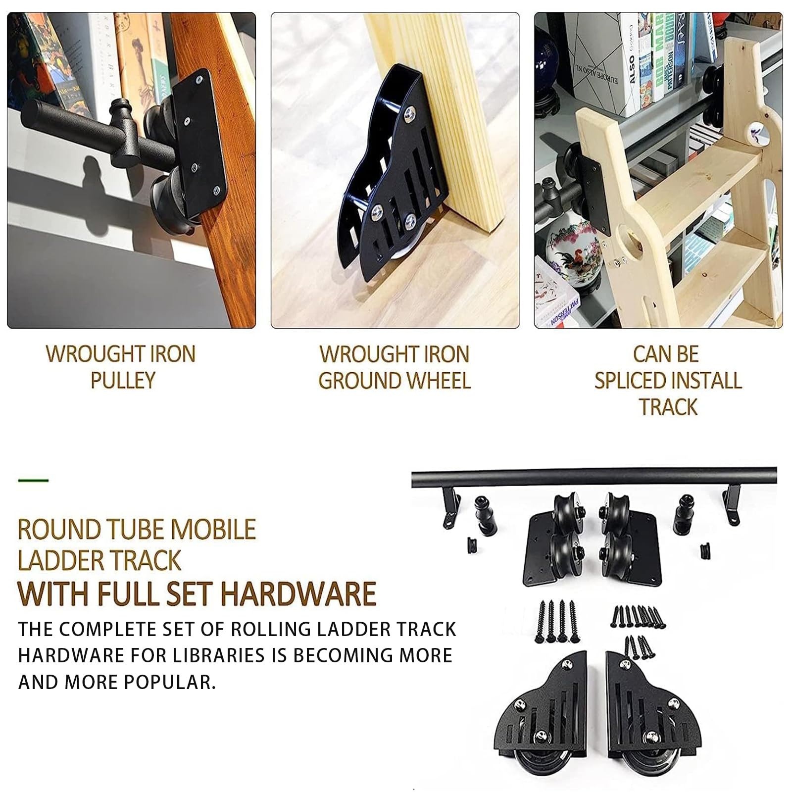 Rollbare Bibliotheksleiter Hardware Set, Einziehbares Rollen Bibliotheksleiter Schiene Mit Bodenrolle, Schwarze Runde Metallstahlrohrschiene Für Loft/Bibliothek (Ohne Leiter) (10ft/3m Track Kit)
