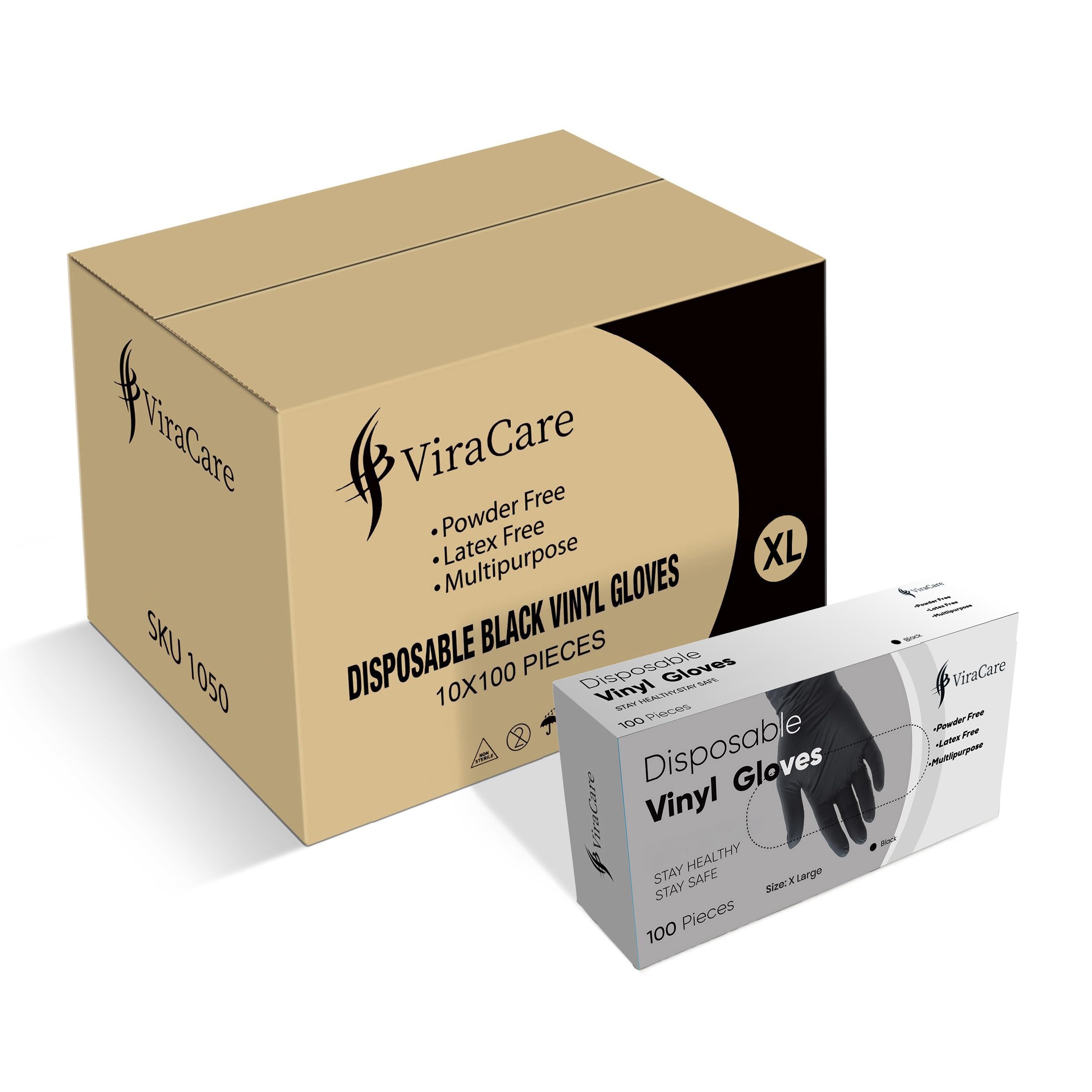 ViraCare 1000 x Black Disposable Gloves Extra Large | Vinyl Gloves Disposable | Latex free Glove | Powder Free Glove | Strong And Non-Sterile | (X Large, 10 Packs of 100)