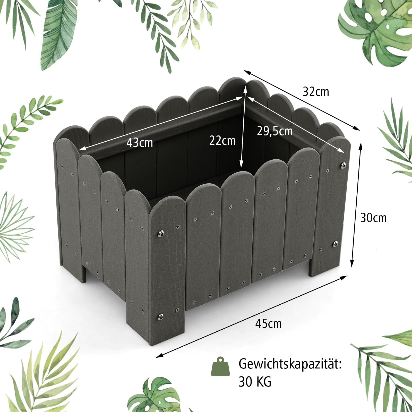 COSTWAY 2 donice na rośliny, odporne na warunki atmosferyczne, HDPE, prostokątna skrzynka na kwiaty z otworami odpływowymi, podwyższona grządka na rośliny, skrzynka na rośliny (45 x 32 x 30 cm, szara)