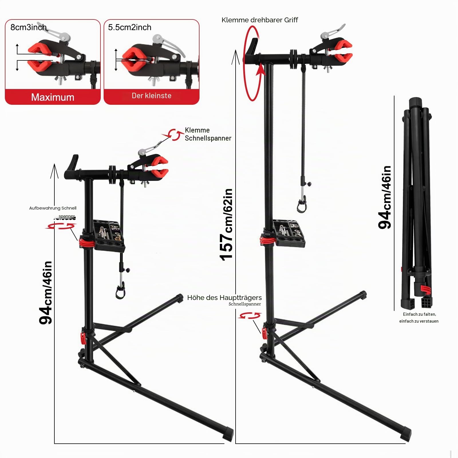 Fahrrad-Reparaturständer 50 kg klappbar – robuster Montageständer mit 360° drehbarer Klemme, höhenverstellbar 94–157 cm, magnetischer Werkzeugablage & Handschuhen – ideal für MTB, Rennrad & E-Bike