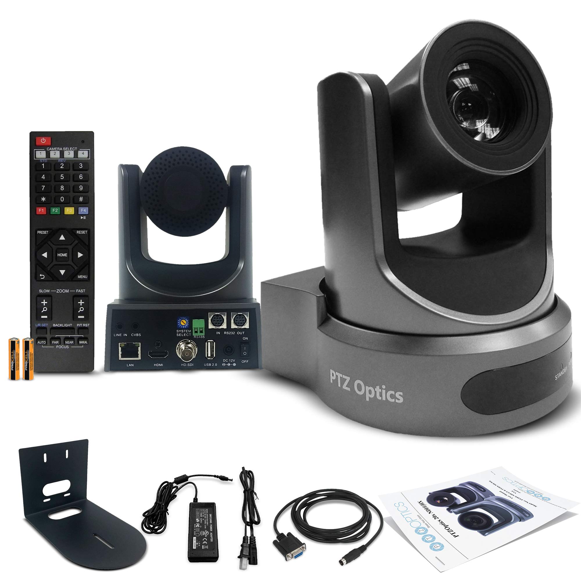 PTZOptics 20X-NDI Broadcast and Conference Camera (Gray) (PT20X-NDI-GY) + Universal Wall Mount Bracket (Black) - Camera and Bracket Bundle