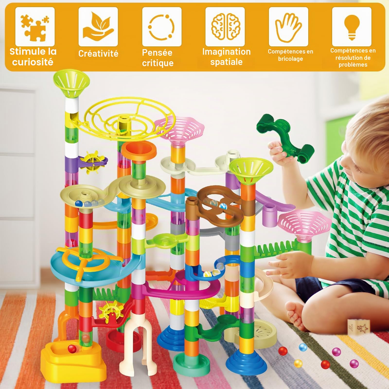 deAO Circuit de Billes 150 Pièces STEM – Jeu de Construction Éducatif | 60 Billes 14mm (15 Verre, 15 Plastique, 30 Phosphorescentes), Motricité Fine, Logique, Résolution de Problèmes, dès 3 Ans