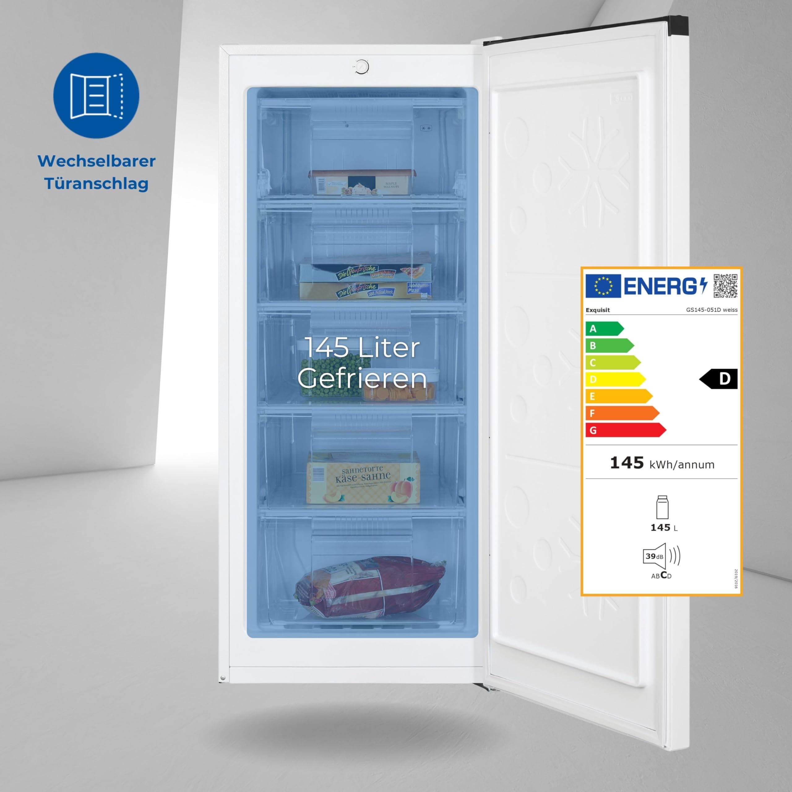 Exquisit GS145-051D Gefrierschrank Weiss - 145 L Standgerät 55 cm Breit | 4-Sterne Tiefkühlschrank mit wechselbarem Türanschlag, Temperaturregelung und 145 Liter Nutzinhalt für jede Küche