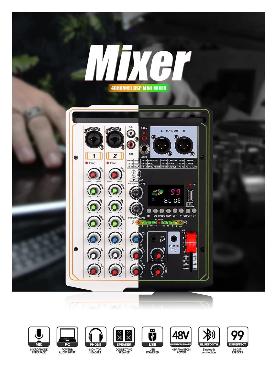 Mezclador de DJ, 99 DSP Effect Mixer 4 canales Portable 48V Phantom Power Monitor DJ Mixing Console for estudio profesional(Nero)