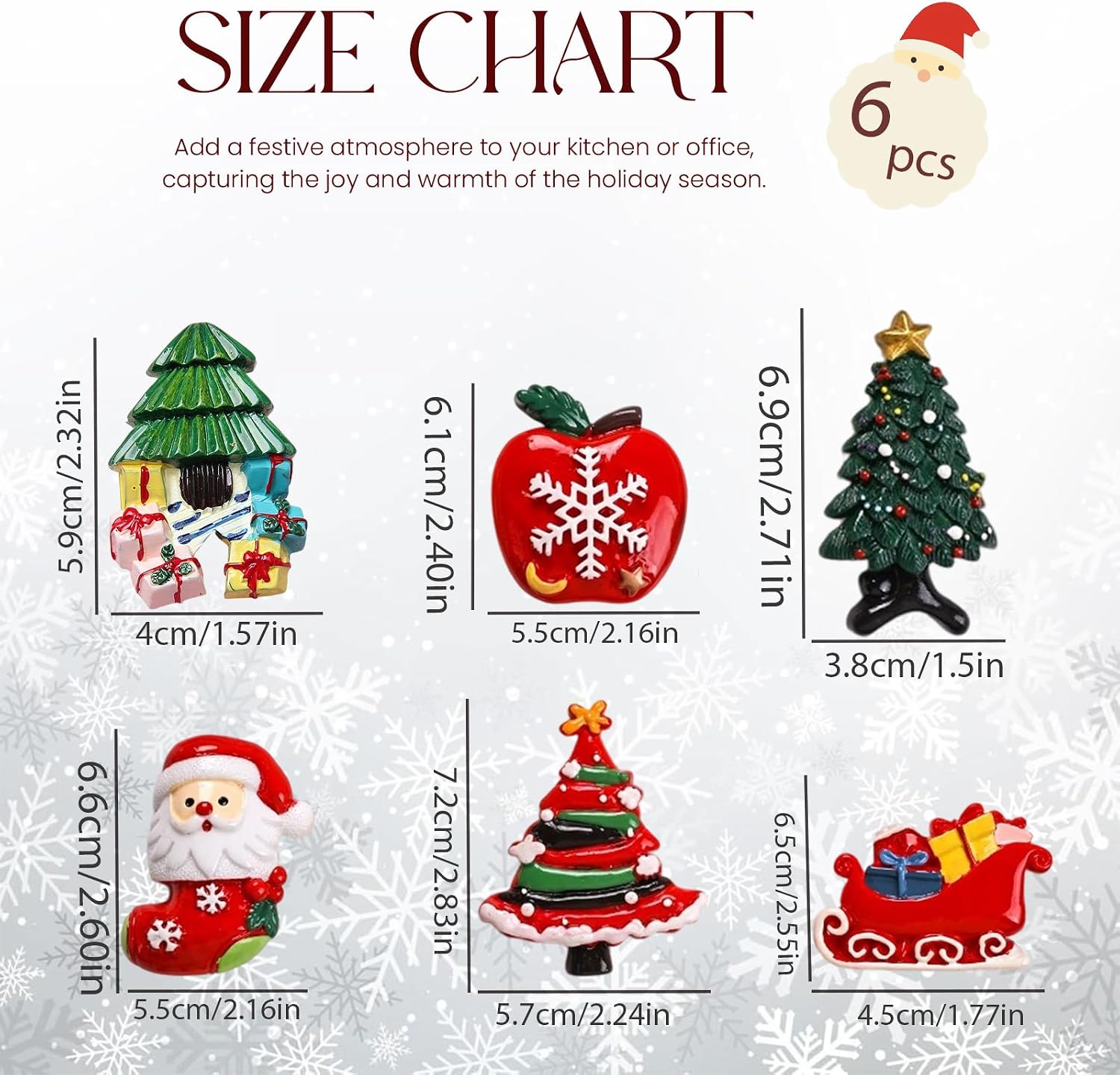 6PCS Christmas Magnetic Stickers, Xmas Resin Christmas Tree Santa Claus Sled Apple Decorations Accessories for Supplies Home Refrigerator Dishwasher Fridge Car Bumpers Party Decor image 2