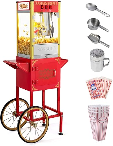 ROVSUN Popcorn Machine Movie Theater Style with Cart & Wheels, 8 Ounce Kettle Makes Up to 32 Cups Popcorn Maker with Popcorn Scoop, Oil Spoon & 3