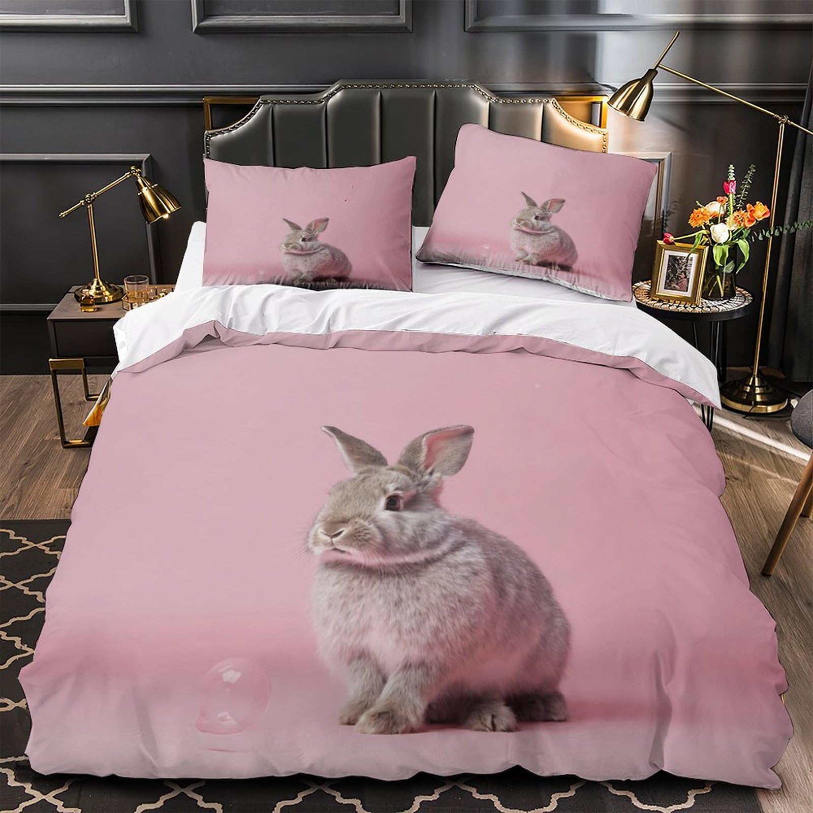 Housse de couette lapin mignon 135x200cm rose en microfibre avec parure de lit 3D