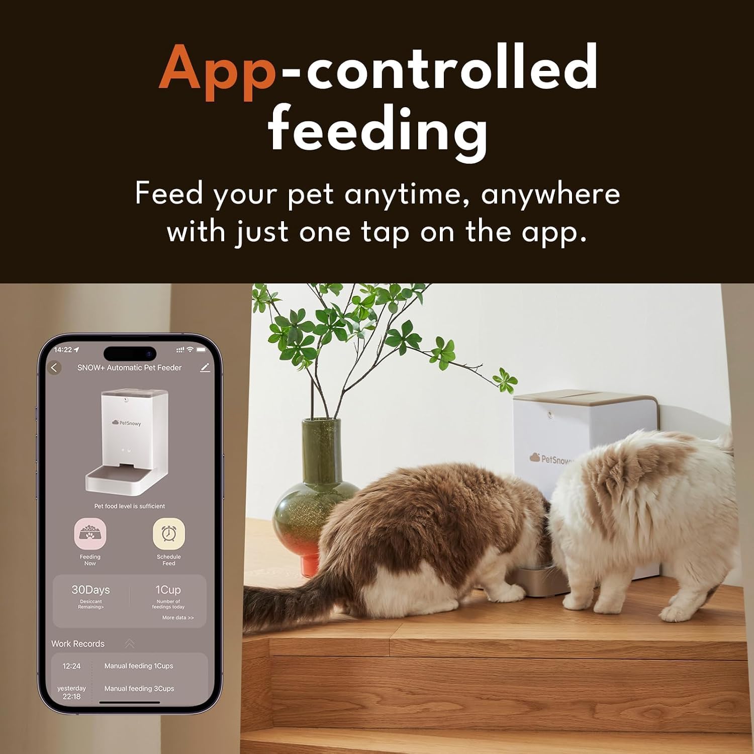 PetSnowy Smarter Futterautomat – App & Magnet-Fernbedienung, verstopfungsfreier Spender, Dual-Power mit Fütterungsplan-Speicher, für Trocken- & gefriergetrocknetes Futter