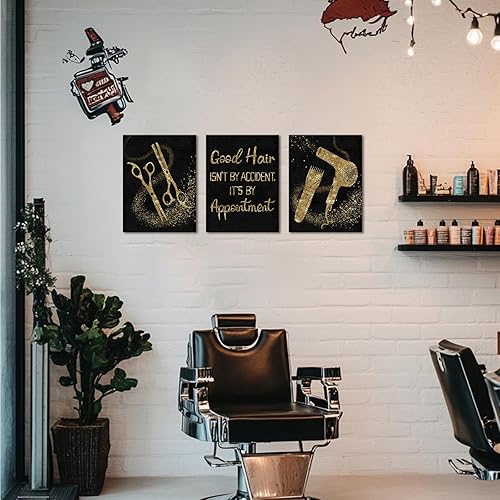 Miniatura 5 de Conipit Imágenes de peluquería Decoración de pared de barbería lienzo arte de pared negro y dorado Peluquería Pintura Decoración de habitación