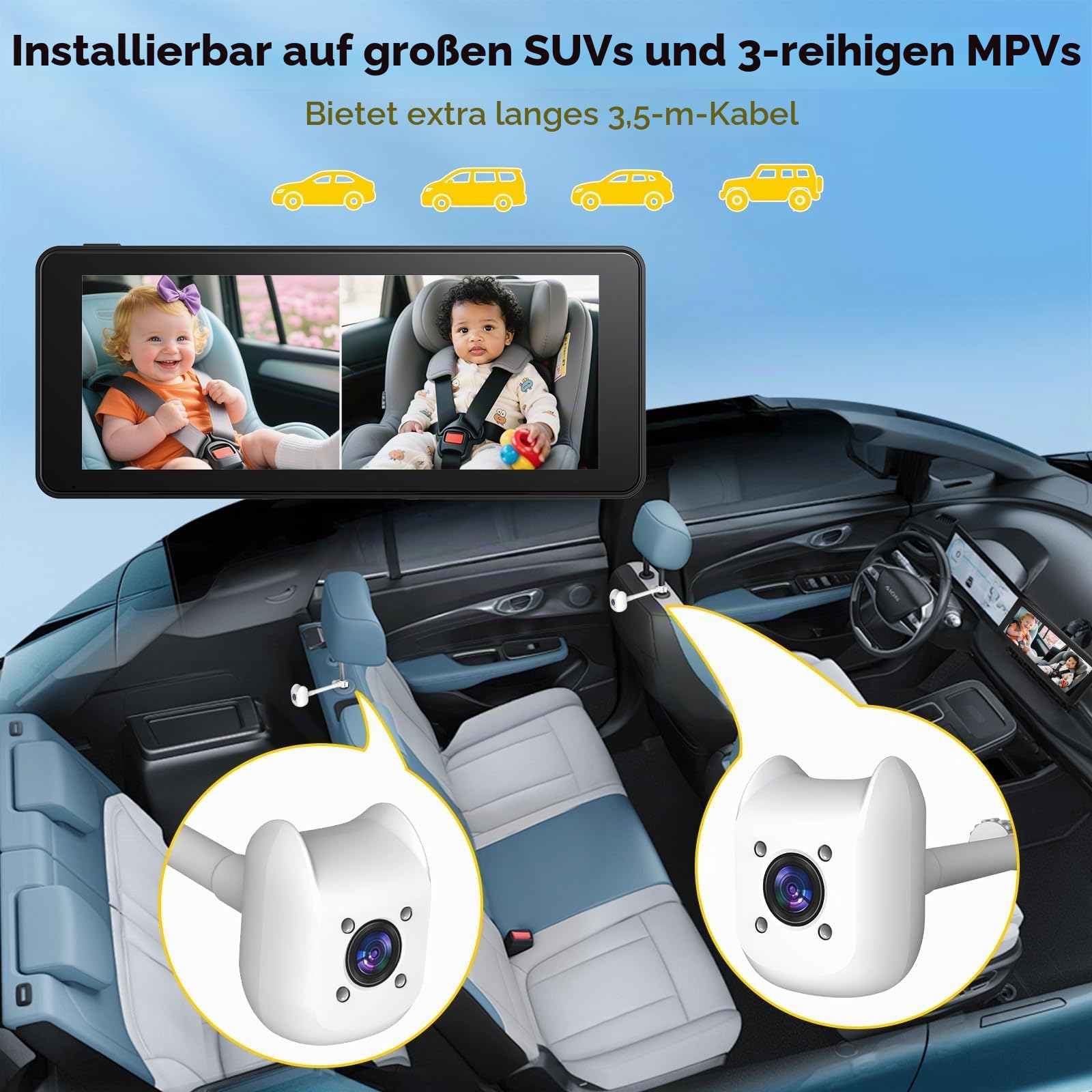 ELECROW Baby Auto Kamera 2 Kameras für Kindersitz, 6,86 Zoll Ultrawide Display USB Rücksitz Kamera Set, 1080P HD & IR Nachtsicht, einfache Installation, Babykamera für Auto Rücksitz