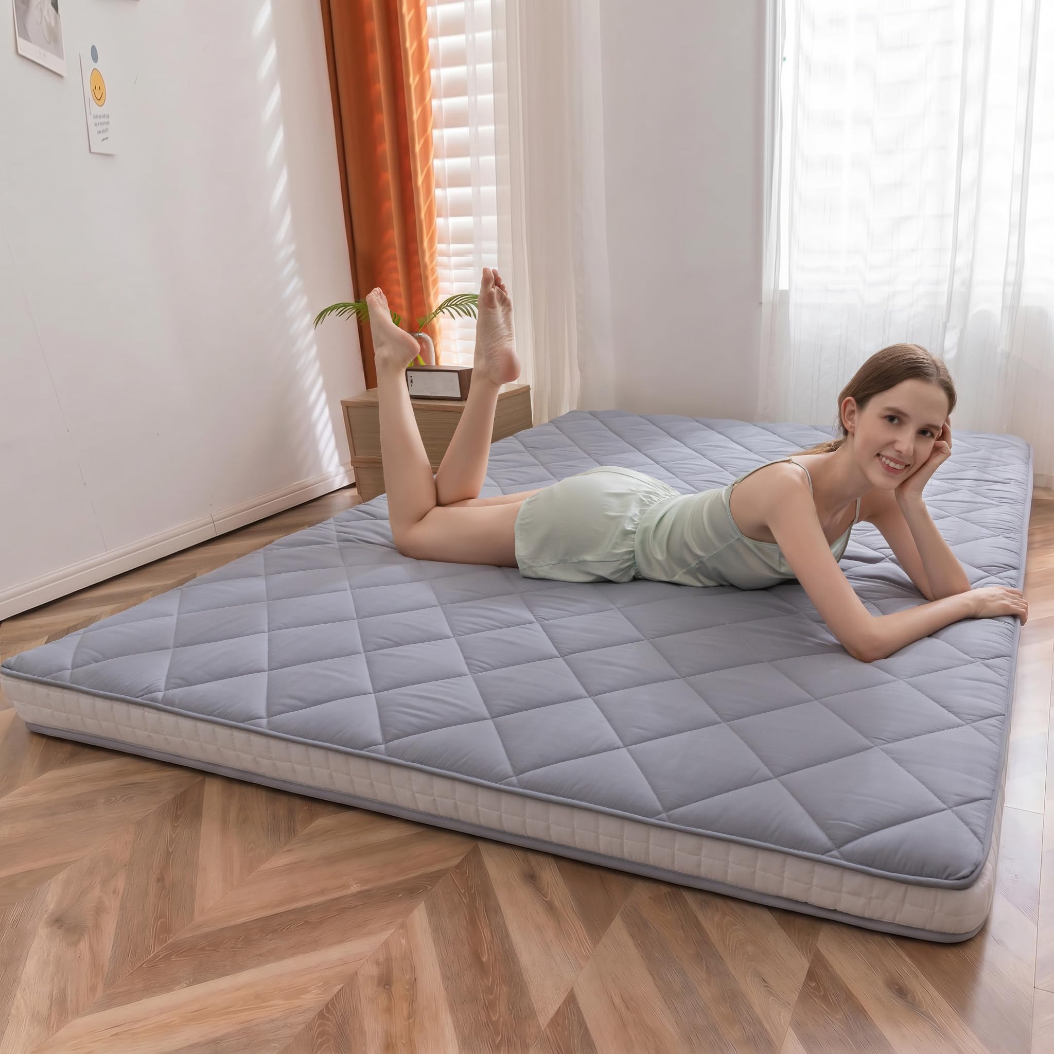 MAXYOYO Japanese Floor Futon Mattress Queen Size, Roll Up Folding Bed, Diamond Patterned Futon for Adults, Grey-image-32