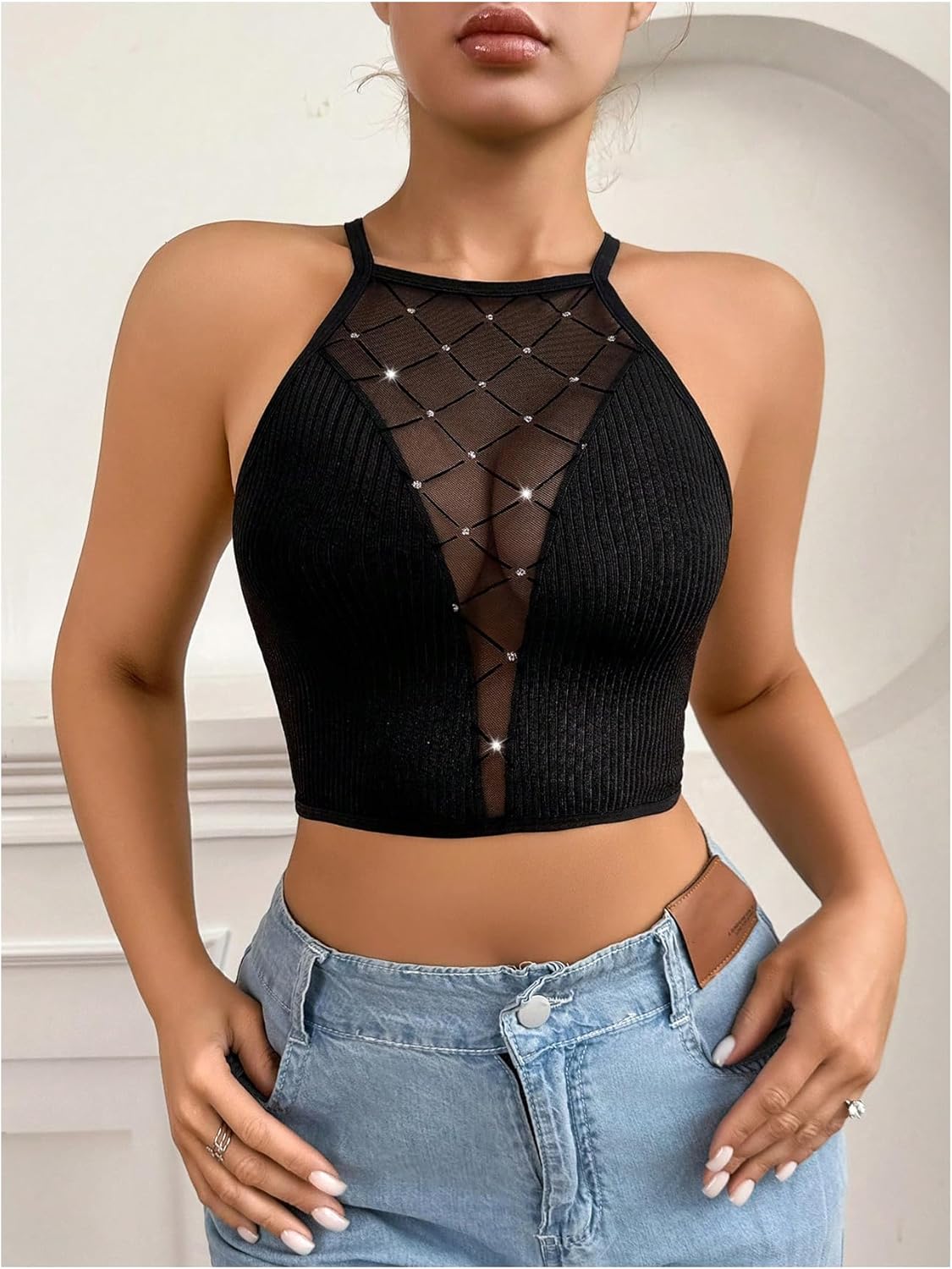 SOLY HUX Bras for Women Mesh Rhinestone Wireless Bra Criss Cross Back Sheer Comfort Bralette - Image 5