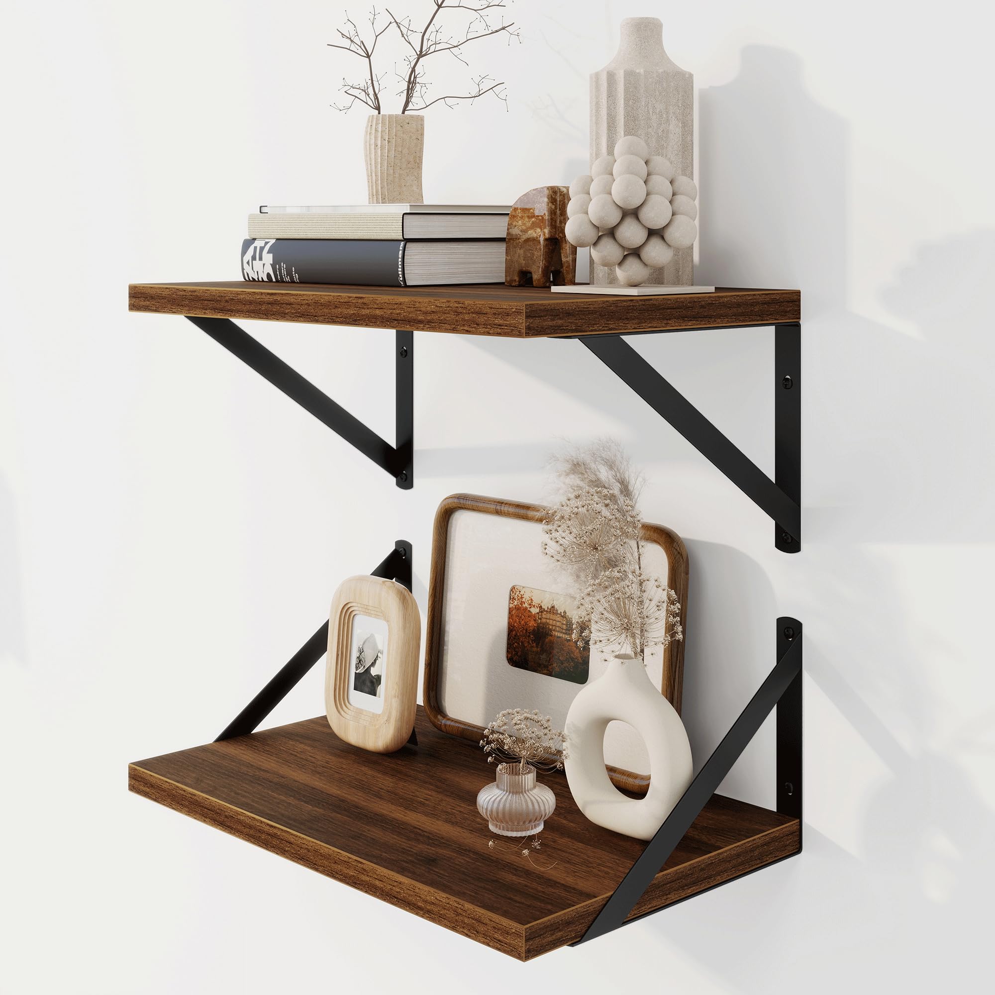 Fun Memories Floating Shelves, 40 x 20 CM, Set of 2 Wall-Mounted Shelves with Metal Brackets, Decorative Wall Shelf for Living Room, Bedroom, Bathroom (Walnut) โ image 1