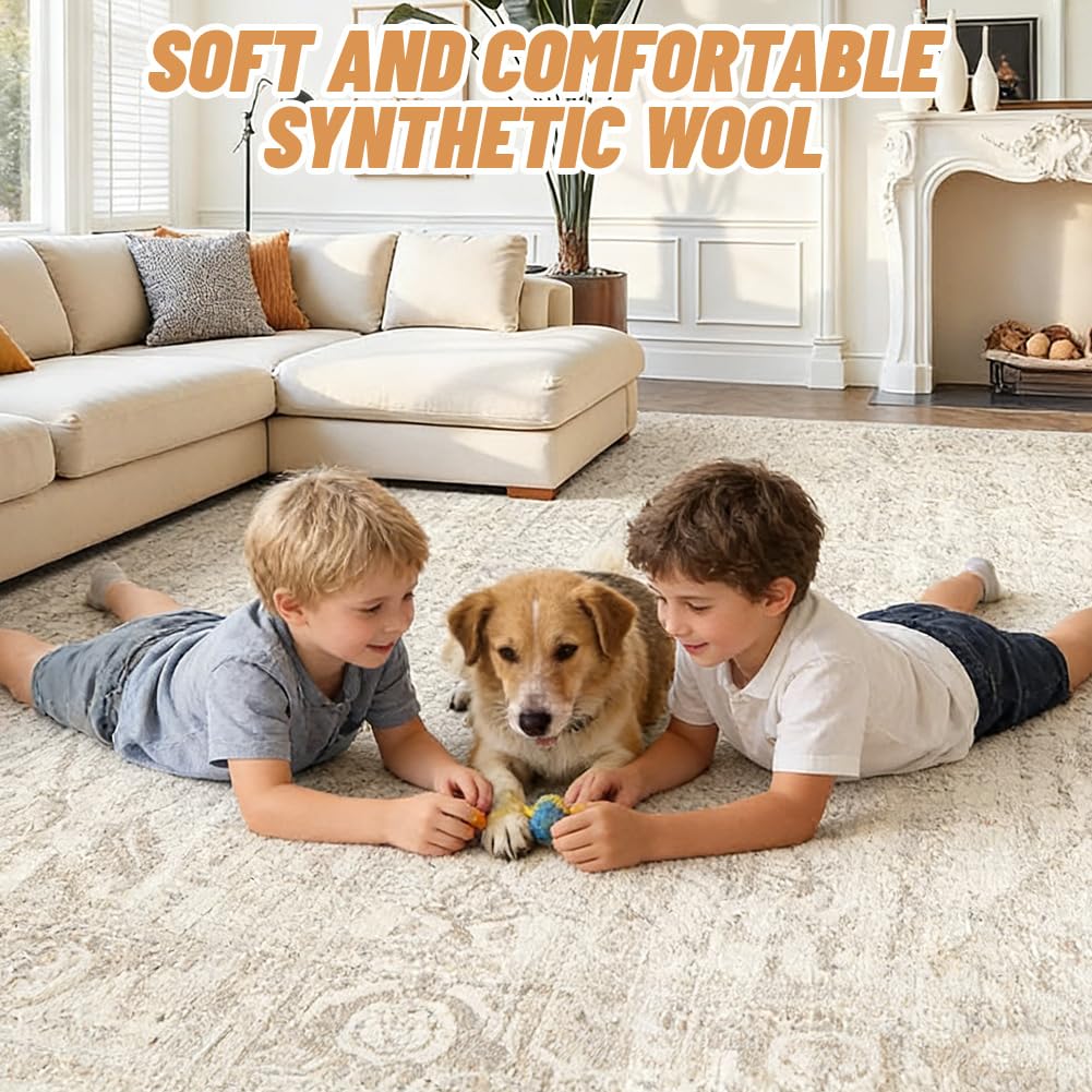 Waschbarer Teppich 160x230 cm, Ultraweicher Kurzflorigeppich mit Rutschhemmender Unterseite, Großer Teppich fürs Wohnzimmer, Schlafzimmer, Esszimmer oder Büro, Moderner Vintage-Look, Beige