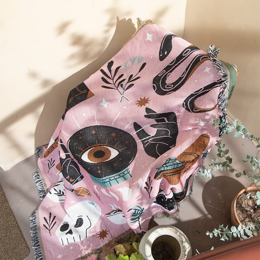 tiowik Divination Tarot Card Snake Skull Devil Eyes Throw Woven Blanket with Tassel for Home Decoration Chair Couch Sofa Bed Beach Travel Picnic Cloth