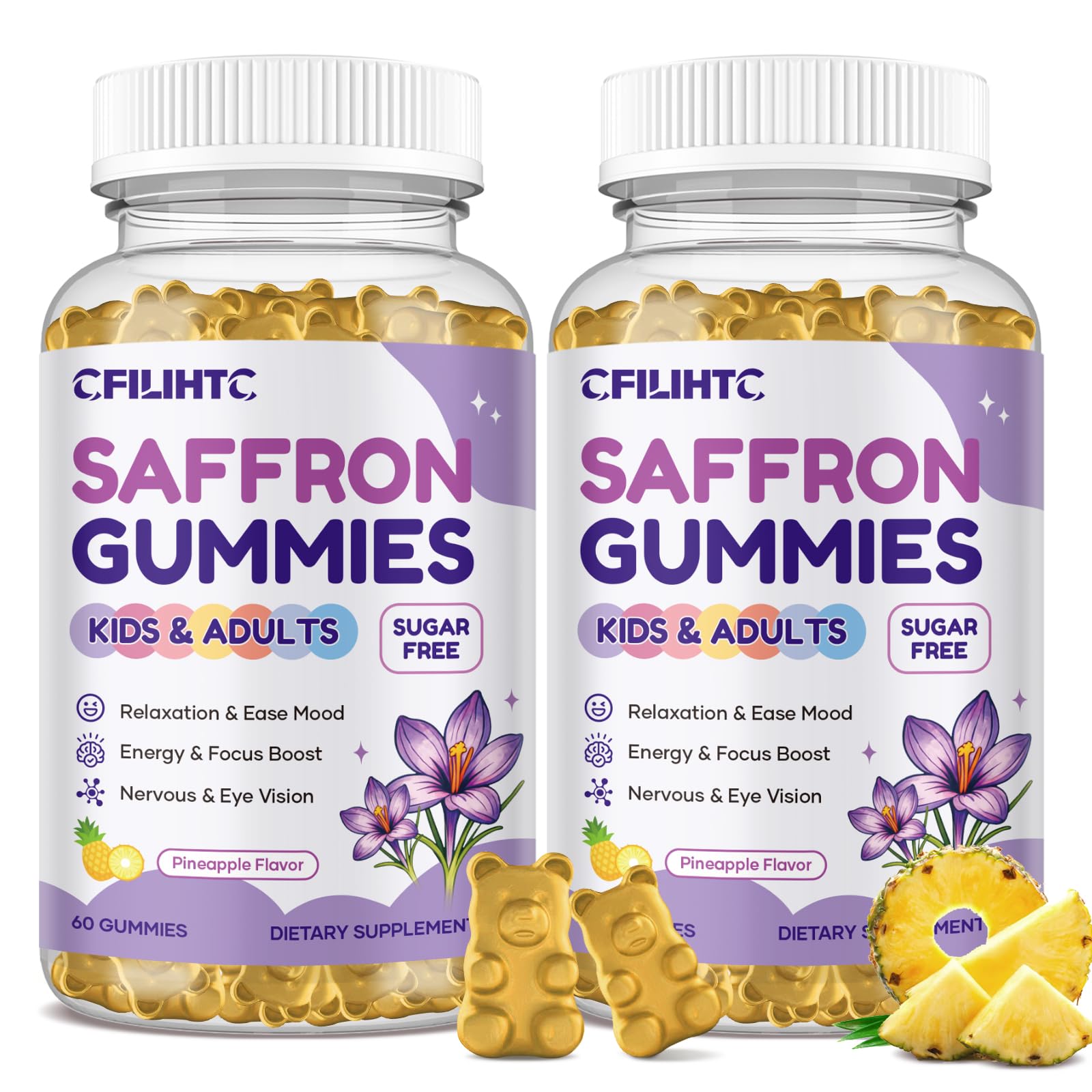 Saffron Gummies for Kids & Adults, 20-in-1 Saffron Supplements with 88.5mg Saffron Extract, B6, B12, C, D3, Magnesium for Calm, Focus, Nerve, Sugar Free, Vegan, Non-GMO - Pineapple Flavor, 120 Counts Pineapple 120 Count (Pack of 1)