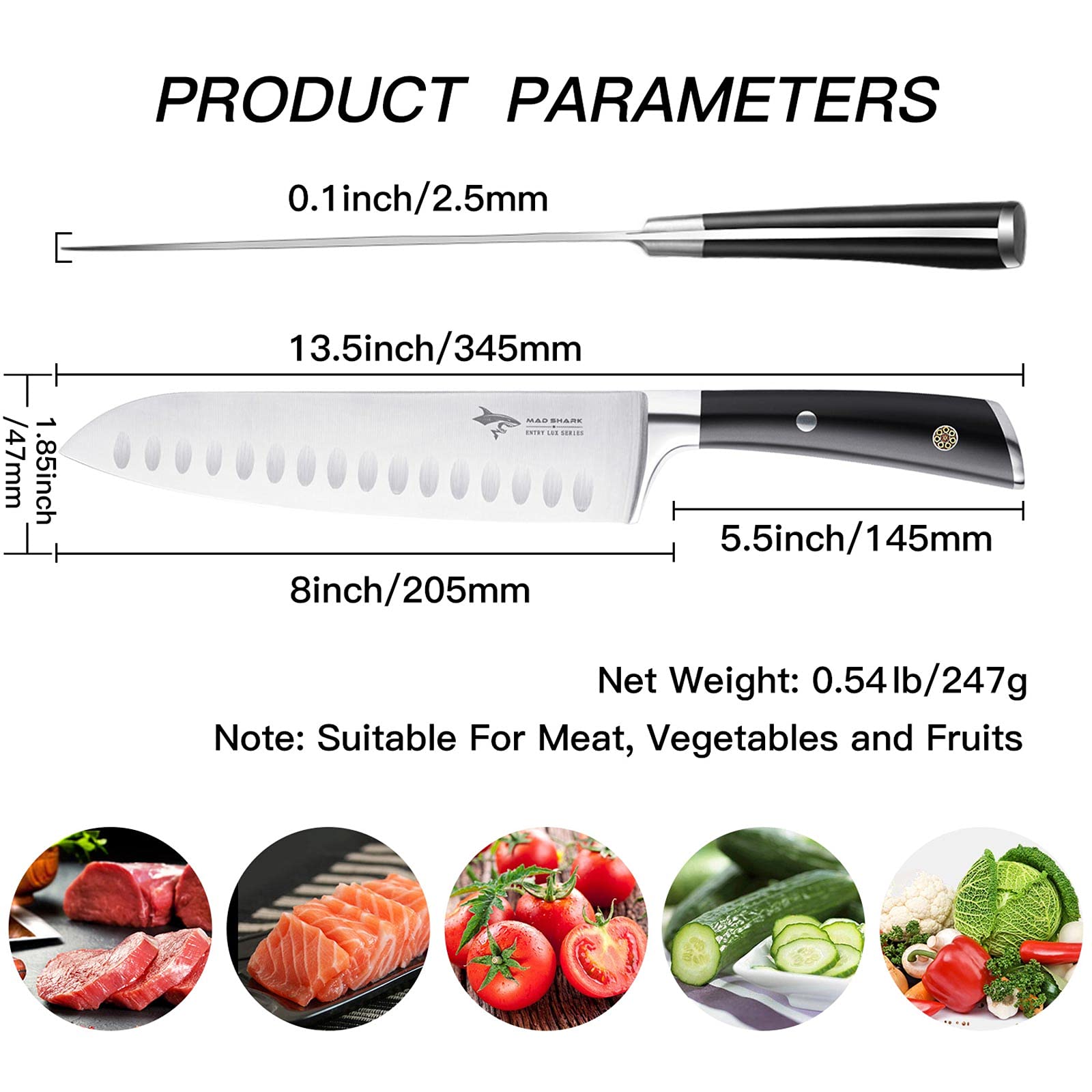 MAD SHARK Professional 8 Inch Santoku Knife,German