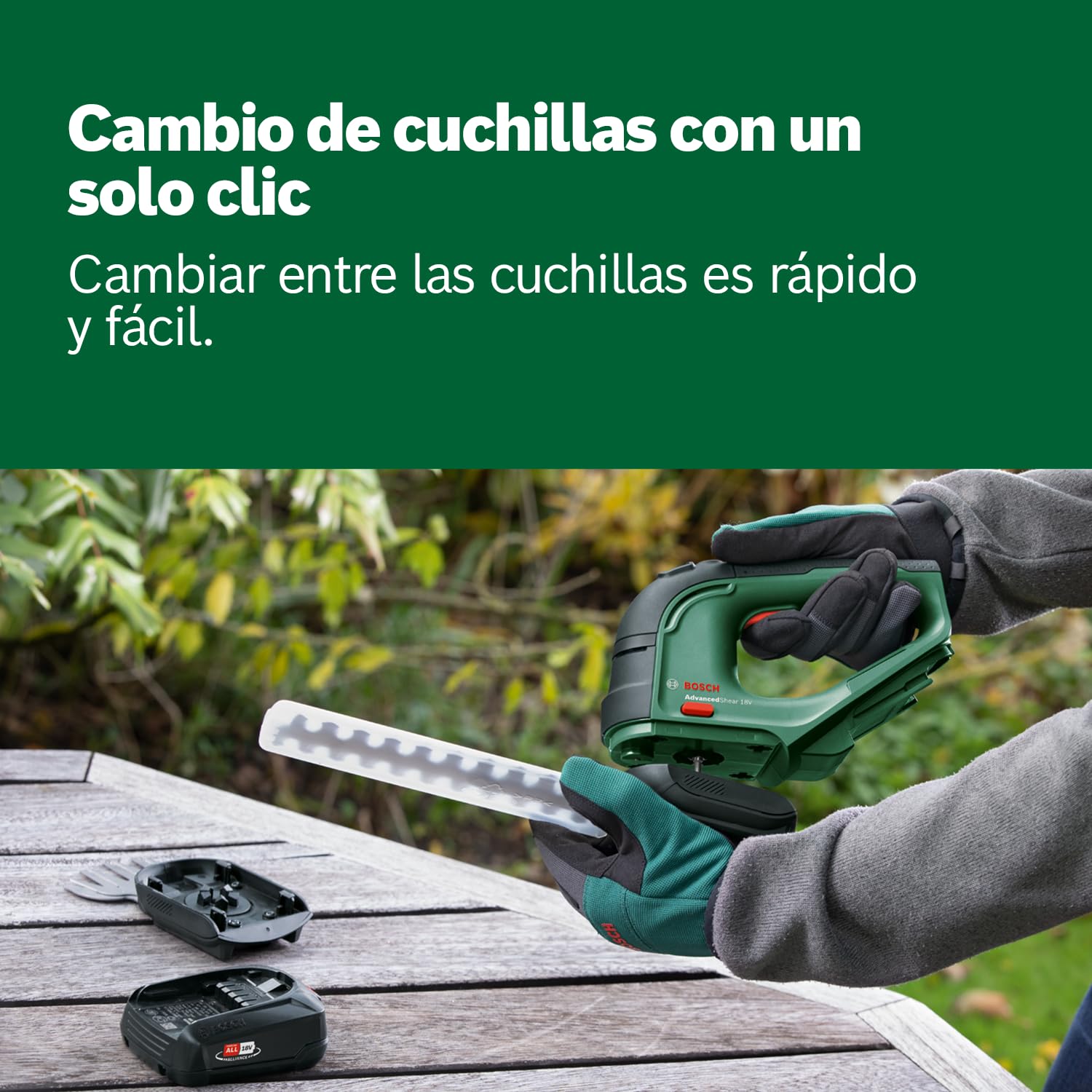Bosch cortacésped/cortasetos a batería AdvancedShear 18V-10 (1 batería de 2,0 Ah, sistema de 18V, cortan hasta 85 m² por cada ciclo de batería, con cuchillas cortacésped y cortasetos, en caja)