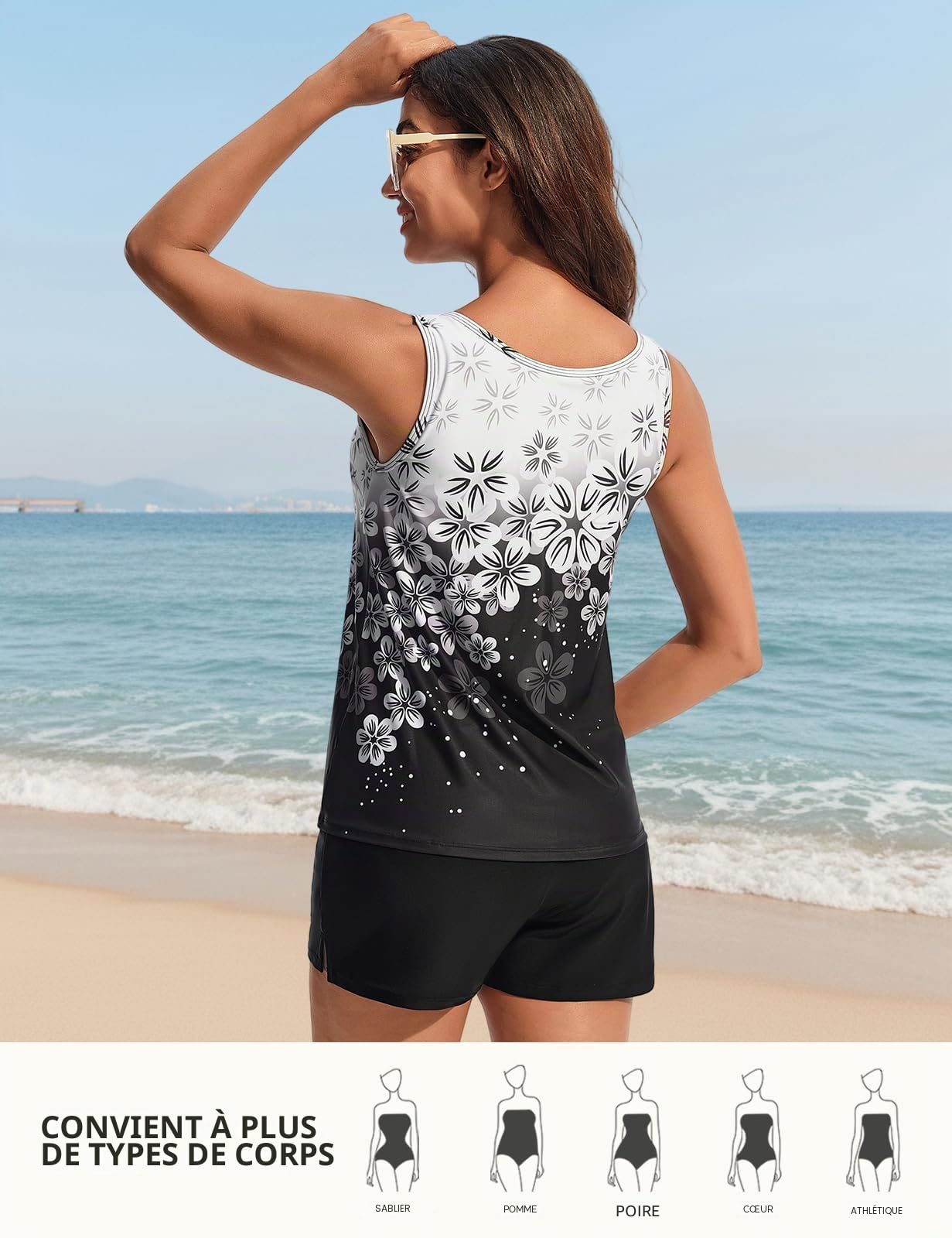 Hanna Nikole Tankini 2 pièces pour femme - Maillot de bain modeste - Col en V - Avec poches - Short de bain sportif - 2 pièces