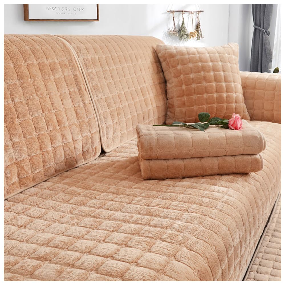 NUODWELL Thickened Sofa Slipcover 1/2/3/4 Seater, Flannel Anti-slip Sofa Protector L Shape Couch Cover Furniture Protector for Living Room (Camel, 70 * 210cm)
