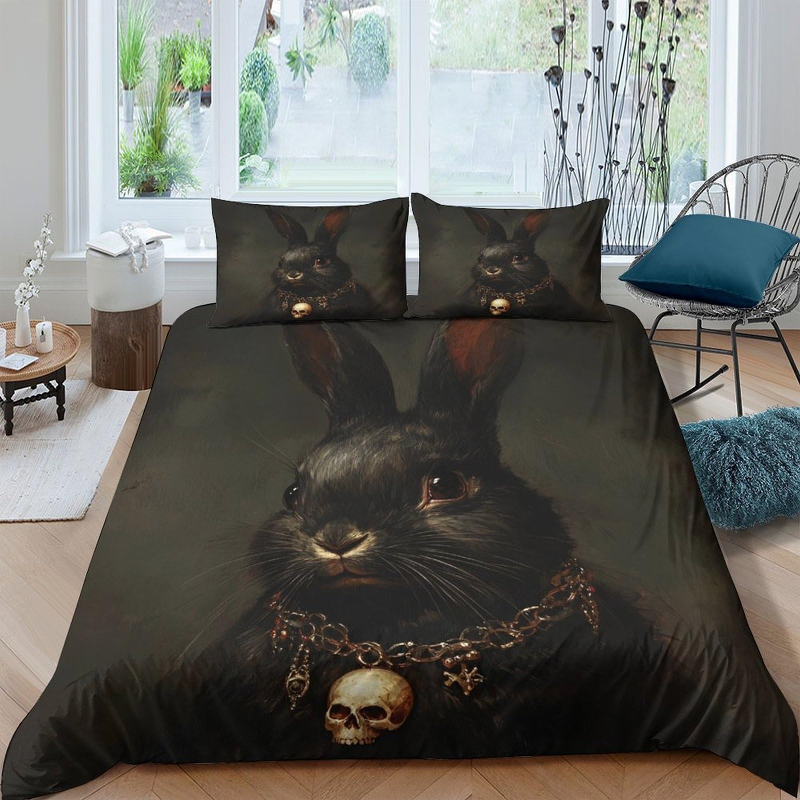 Ctjqhvkz Style-2 3D Printed Black Rabbit Gothic Fitted Sheet Microfiber Soft Skull Chain Bed Cover For Bedroom Guestroom Decor Single（135X200cm）