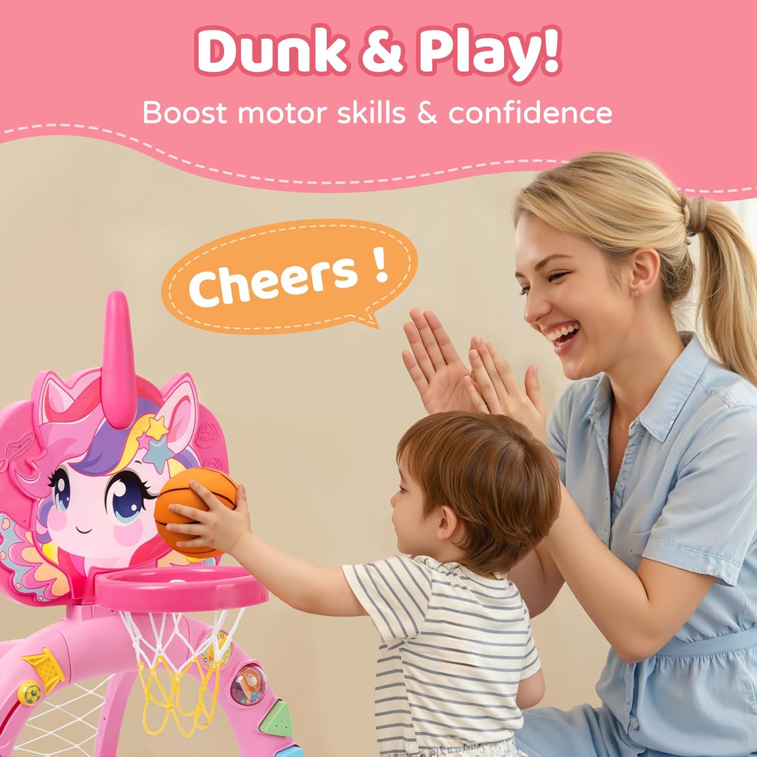 Basketball Hoop & Soccer Goal for Toddlers – 3-in-1 Sports Play Set with Ring Toss | Indoor Outdoor Activity Toy for 1 2 3 Year Old Boys | Birthday for Active Play (Pink)