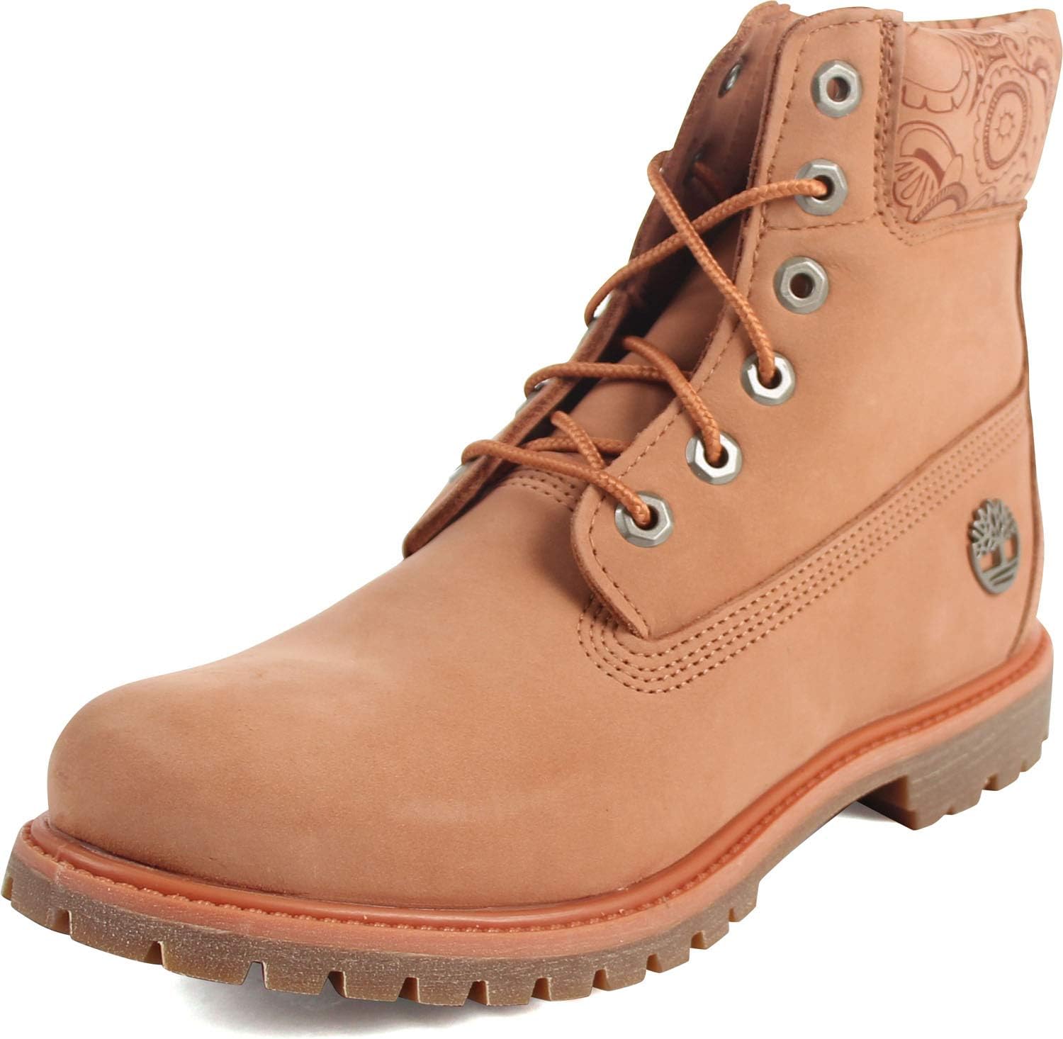 Timberland 6" Premium Boot - Boots for Women - Waterproof Nubuck Leather - Padded Collar - Rustproof Hardware Sunburn Waterbuck w/Apple Blossom Henna Print Collar 9 B - Medium