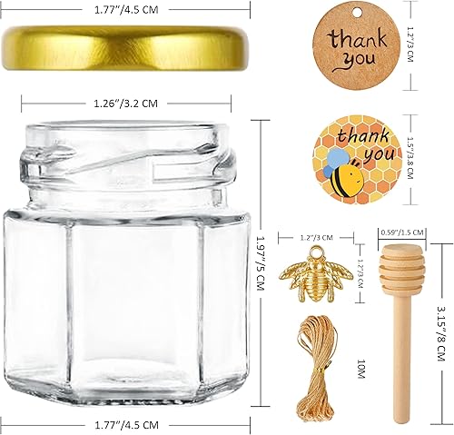 Miniatura 9 de GIVAMEIHF Mini tarros de miel de 1.5 onzas, 60 tarros de miel con 60 calcomanías de abeja, etiquetas, cuerda de yutes, mini tarros de miel con