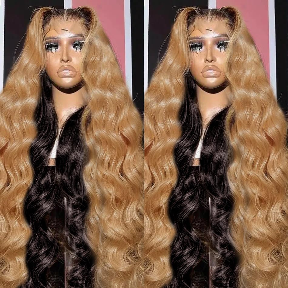 MEGOOD 250 Density 13x6 Honey Blonde Wig Human Hair 4/27 Colored Wigs 13x6 Body Wave Lace Front Wigs Human wigs Pre Plucked For Women HD Transparent Ombre Lace Front Wig Human Hair 32 Inch