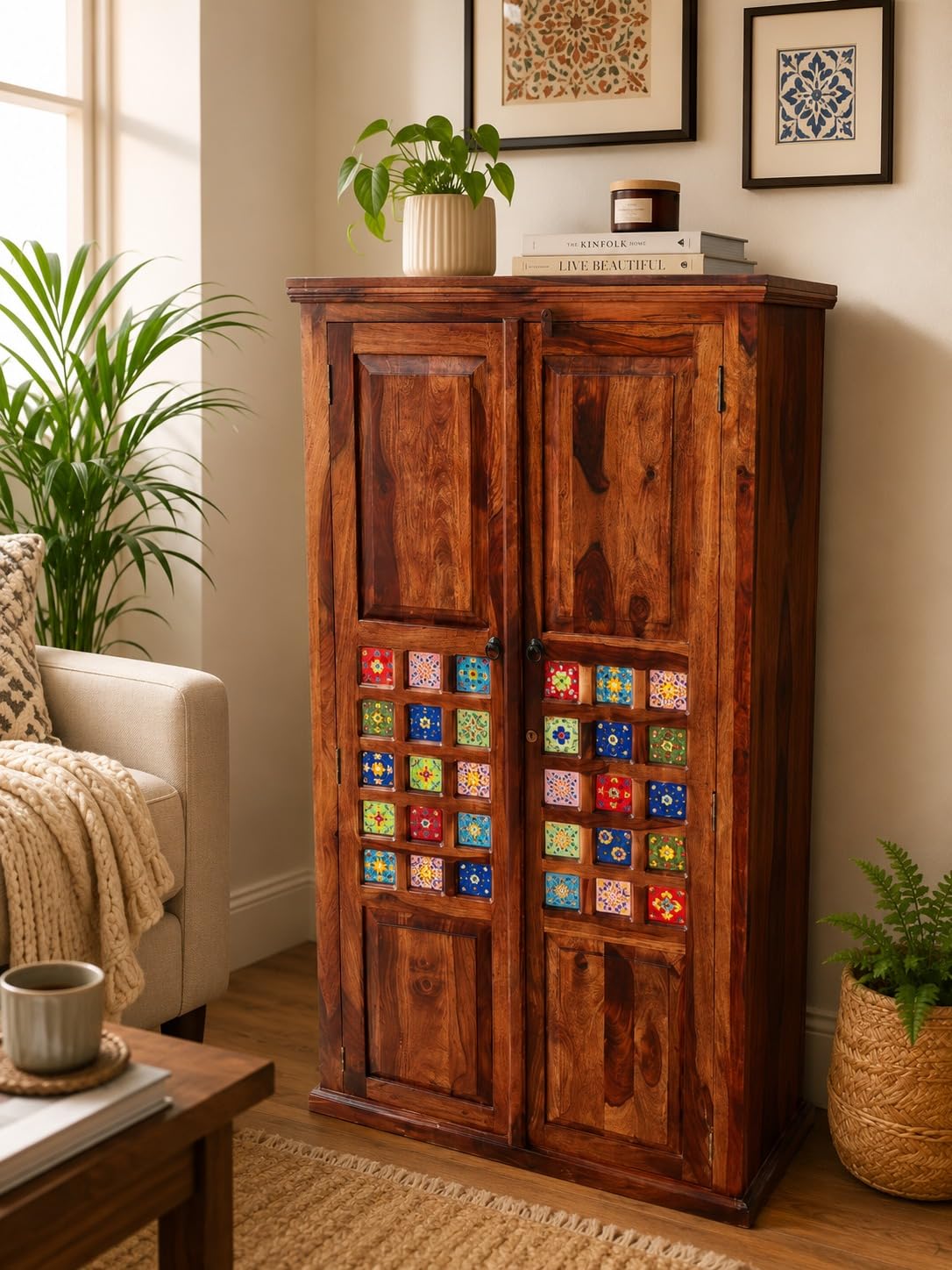 Solid Sheesham Wood 2 Door Wardrobe with Handcrafted Colorful Tile Design for Livingroom | Wooden Almirah with Shelves & Drawers | Bedroom Storage Cabinet | Honey Finish-image-12