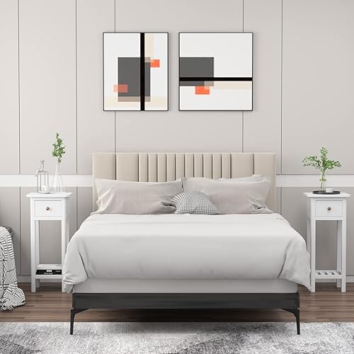 Miniatura 17 de GORELAX Mesa auxiliar estrecha, mesita de noche alta con cajón y estante, mesita de noche pequeña con dispositivo antivuelco, sin montaje, mesa