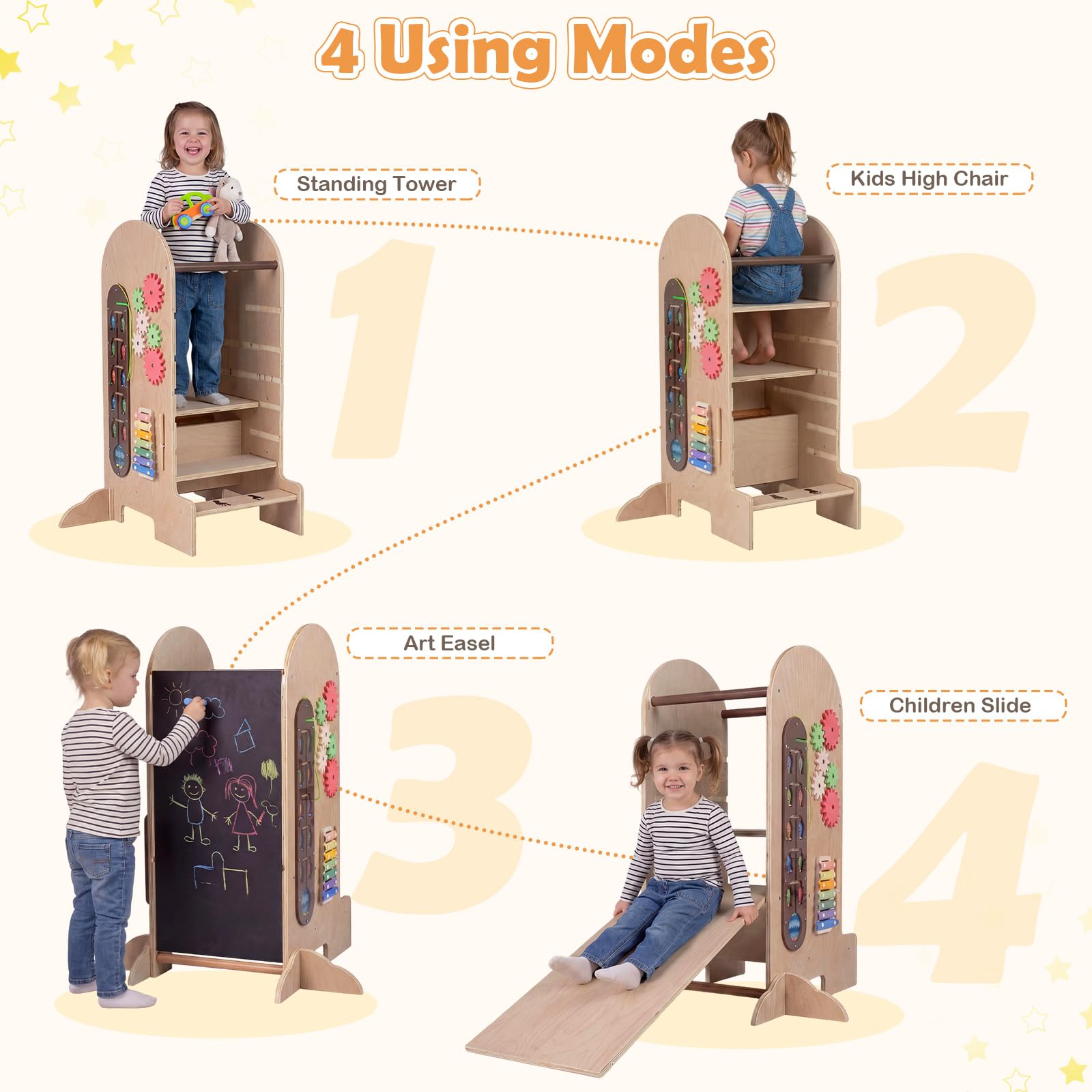 FANTASK 4-in-1 Lernturm mit Rutsche, Kreidetafel und Spielbrett | Multifunktionaler Montessori Lernturm aus Holz mit Trittleiter, abnehmbarer Kreidetafel und Spielbrett für Kinder ab 3 Jahren