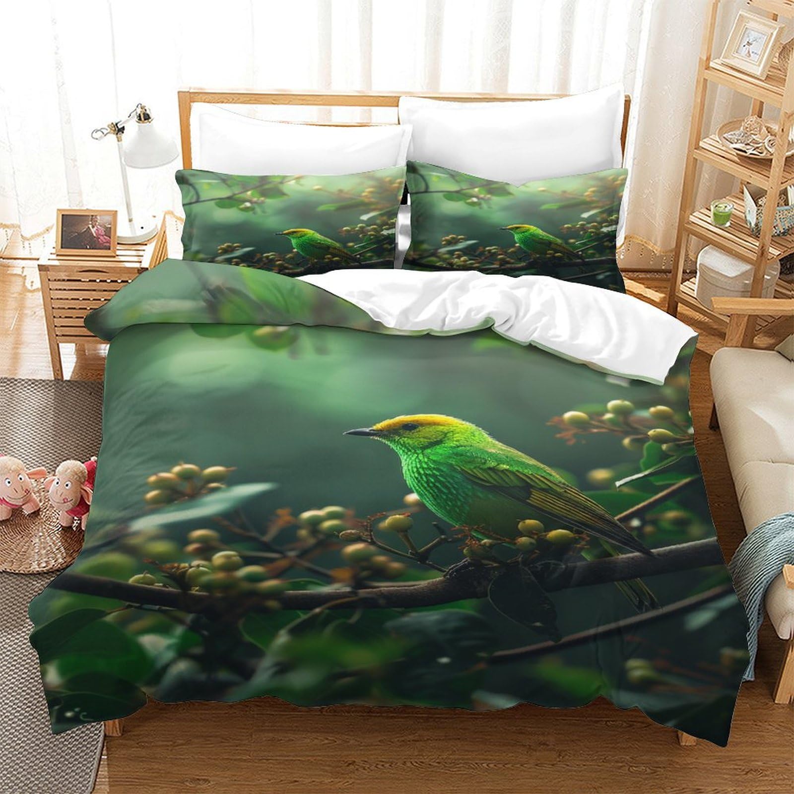 P1S9U7W5Y Nature Green 3D Printed Bird Duvet Cover Set 3pcs Microfiber Forest Bedding Set Single（140x200cm）