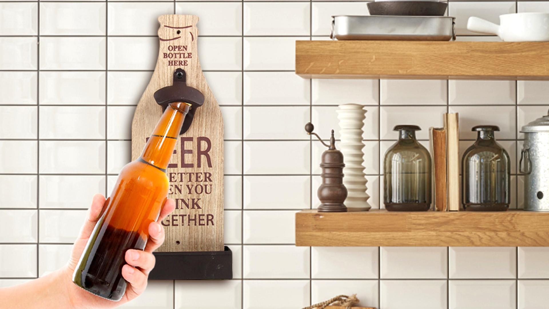 Apribottiglie Da Muro FEMONGY - Con Contenitore Raccolta Tappi, Design Retrò Per Bar E Cucina - Foto 10