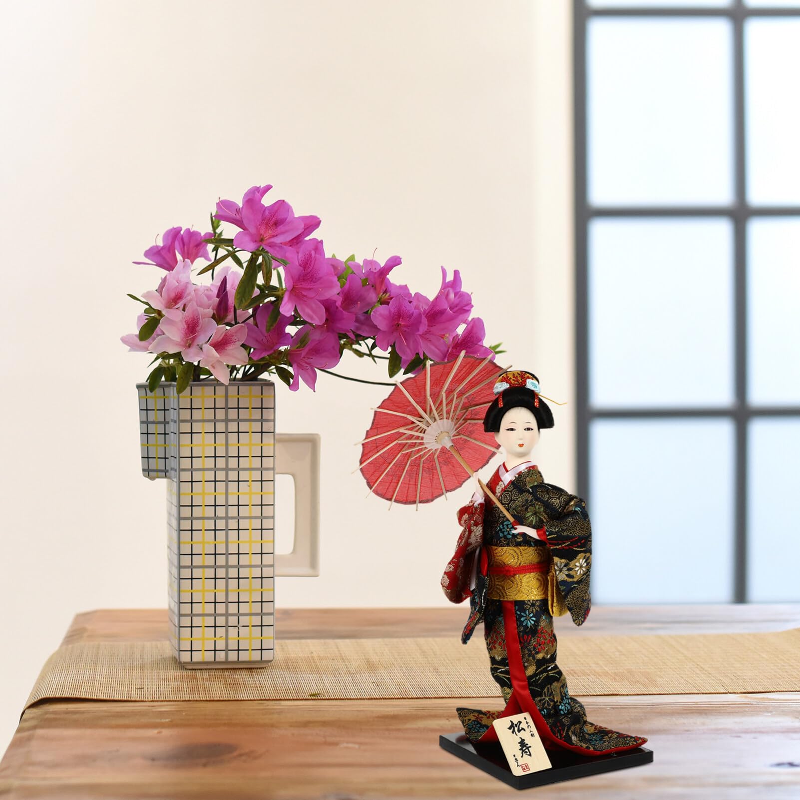 Bambola Geisha Giapponese in Legno Artigianale 12.20x4.72x4.72In Decorazione Desktop Kimono Figurina da Collezione