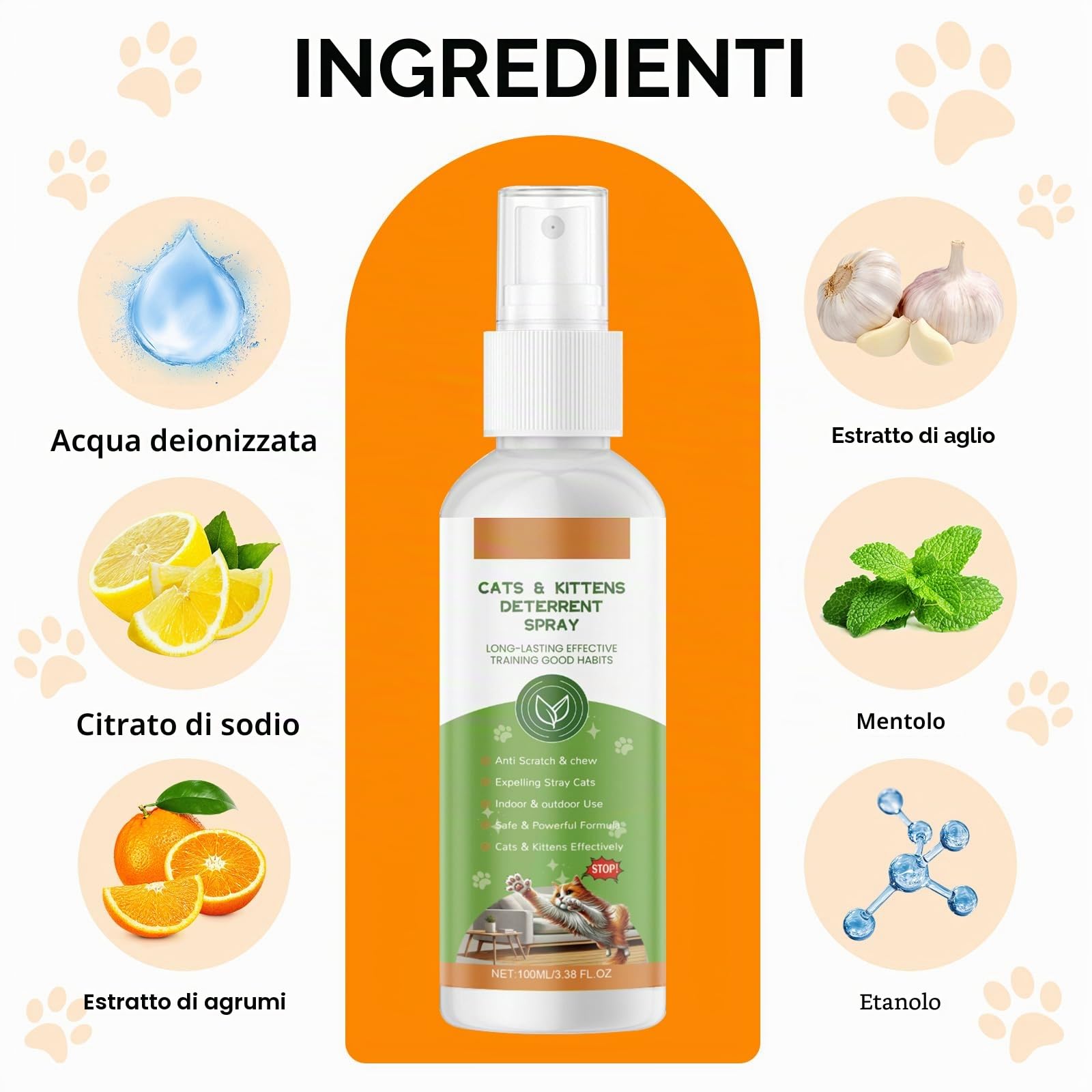100ML Spray Repellente per Gatti, Spray Disabituante Gatti, Repellente Gatti e Spray AntiGraffio per Gatti Divano, Uso Interno ed Esterno, Protezione del Divano, Cavi, Vestiti, Piante e Mobili
