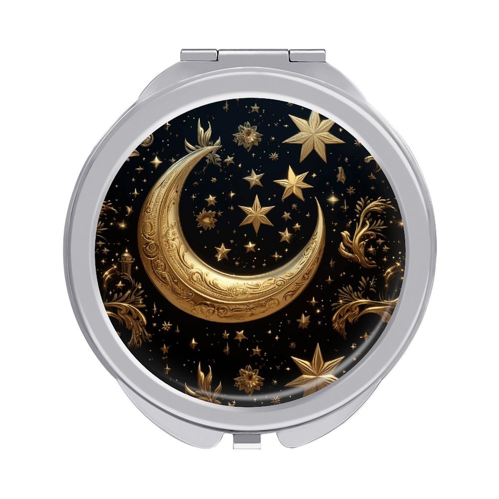 VstaDank Golden Stars and Moon Travel Makeup Mirror Cute Compact Mirror for Women 1X/2X Magnifying Metal Pocket Makeup Mirrors Folding Round Makeup Mirrors for Handbag Wallet & Gift